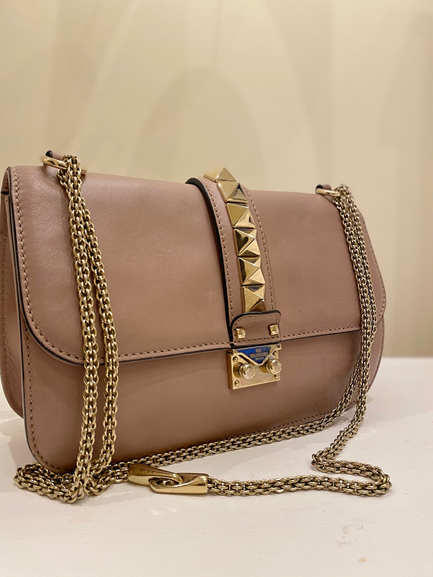 Preowned Valentino Taupe Rockstud Shoulder Bag Cream leather