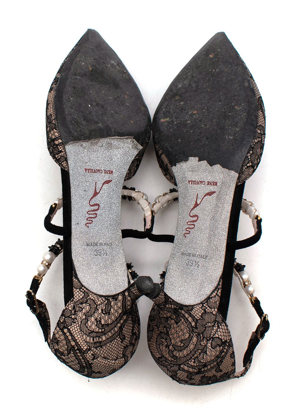 Preowned Rene Caovilla Lace Embellished Sandals Size 395 White  Black leather