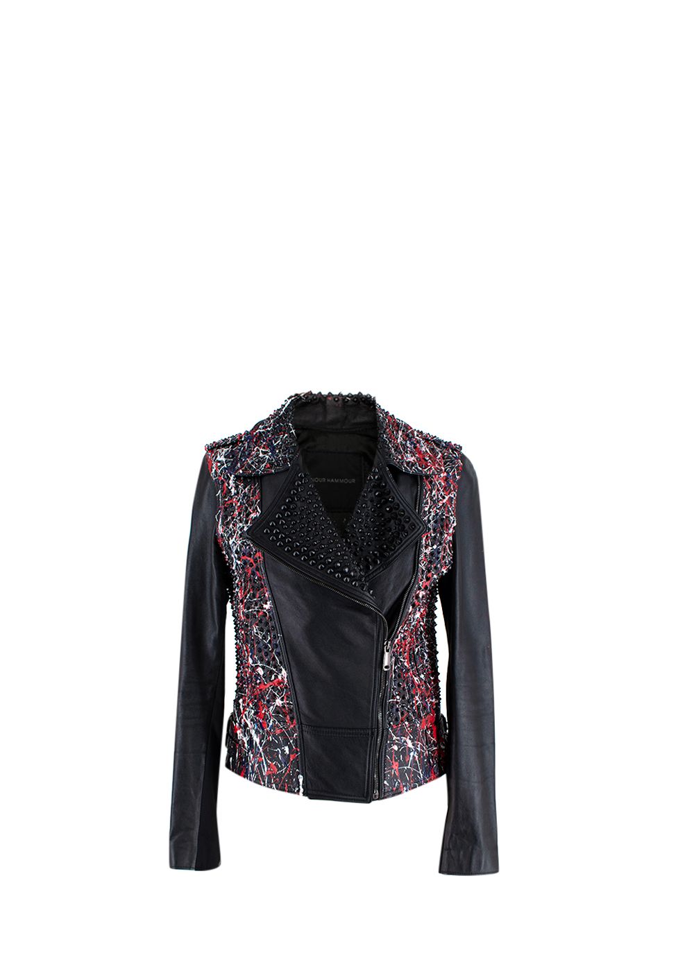 Preowned Nour Hammour Black Leather Studded Jacket With Paint Splatter Effect Size XXS