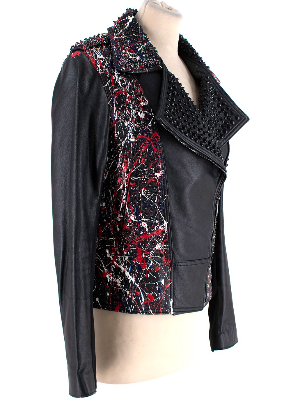 Preowned Nour Hammour Black Leather Studded Jacket With Paint Splatter Effect Size XXS