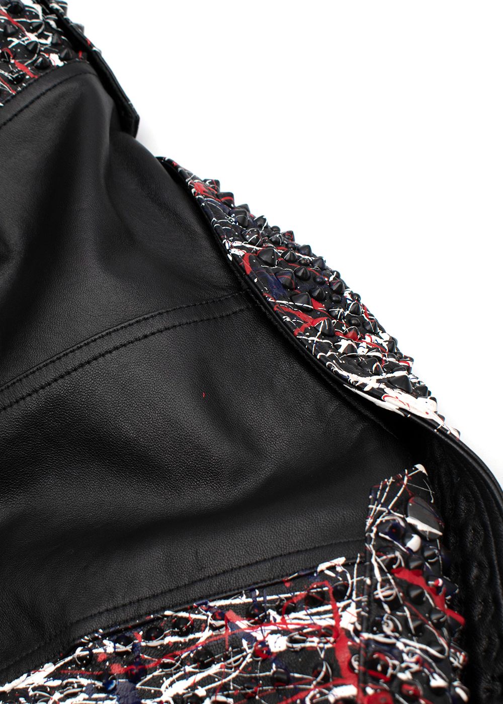 Preowned Nour Hammour Black Leather Studded Jacket With Paint Splatter Effect Size XXS