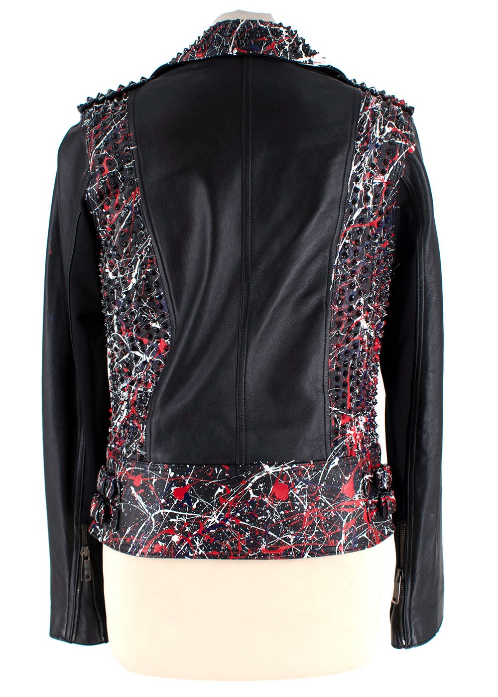 Preowned Nour Hammour Black Leather Studded Jacket With Paint Splatter Effect Size XXS