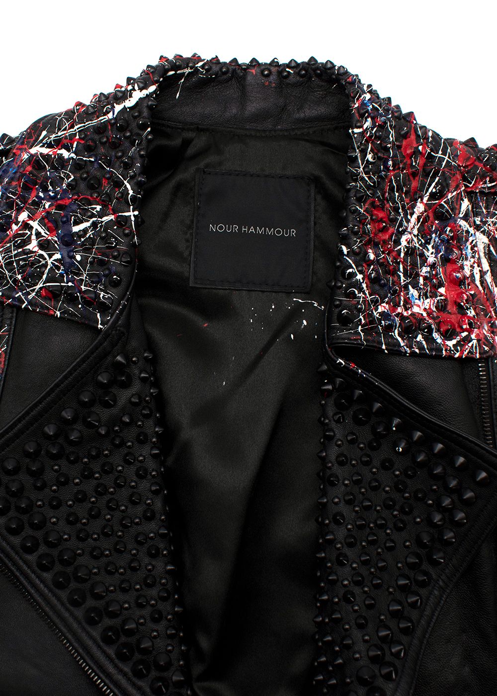 Preowned Nour Hammour Black Leather Studded Jacket With Paint Splatter Effect Size XXS