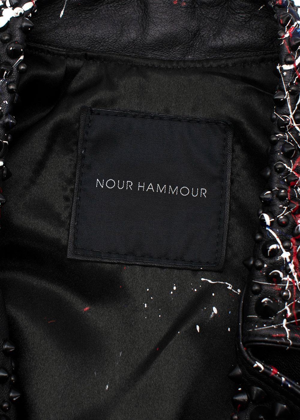 Preowned Nour Hammour Black Leather Studded Jacket With Paint Splatter Effect Size XXS