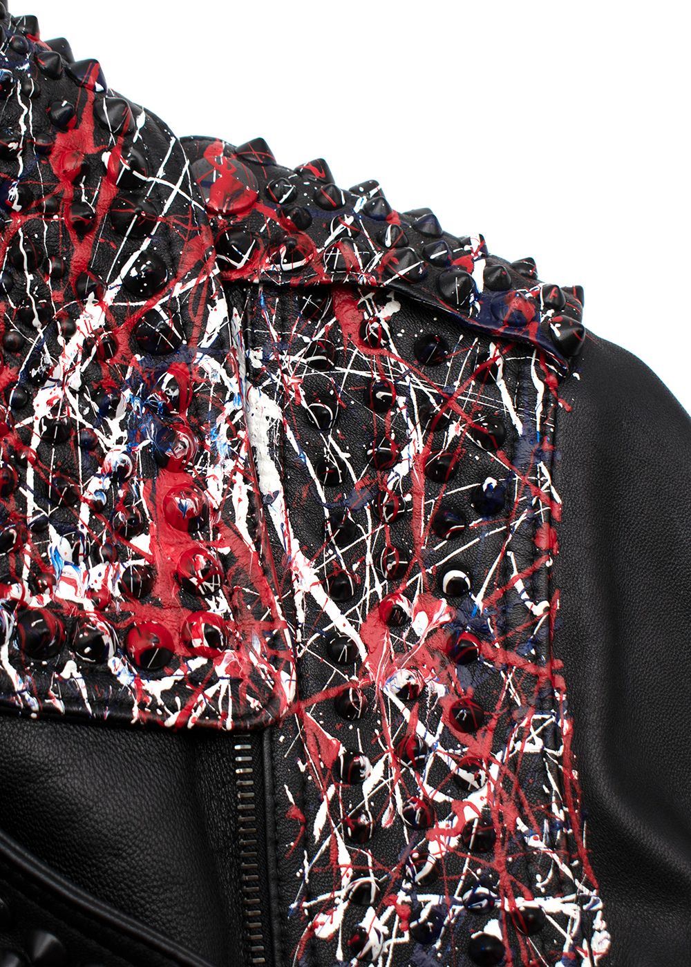 Preowned Nour Hammour Black Leather Studded Jacket With Paint Splatter Effect Size XXS