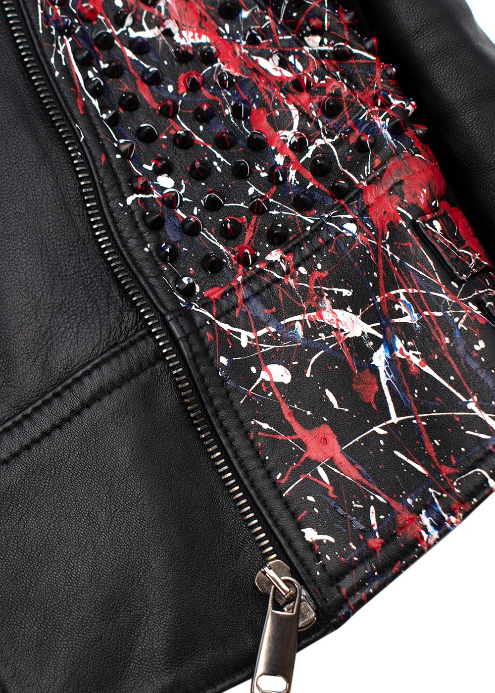 Preowned Nour Hammour Black Leather Studded Jacket With Paint Splatter Effect Size XXS