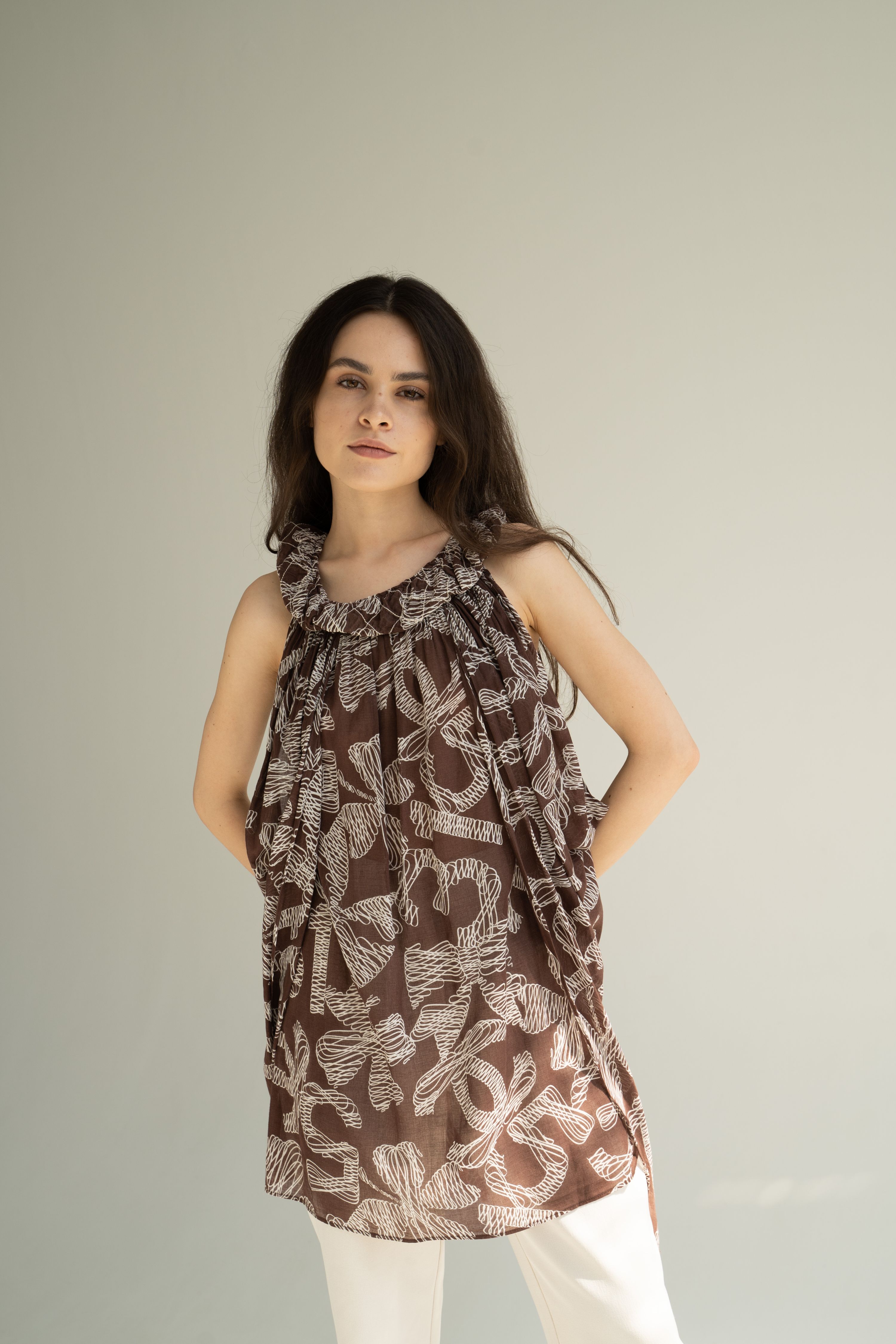 Preowned Chanel CC Printed Brown Cotton Tunic Size S Multiple colors