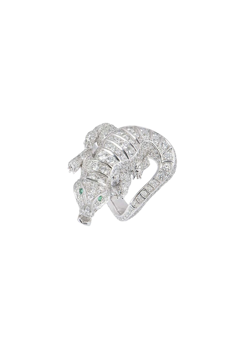 Preowned 18ct white gold diamond  emerald alligator dress ring 575ct 635EU white gold