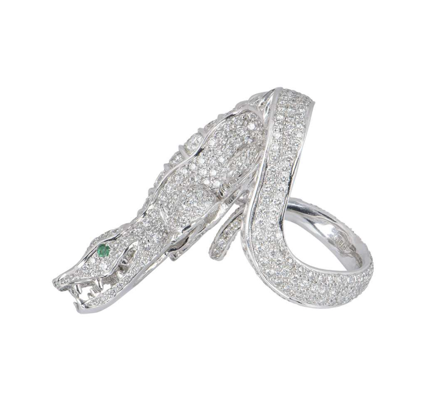 Preowned 18ct white gold diamond  emerald alligator dress ring 575ct 635EU white gold