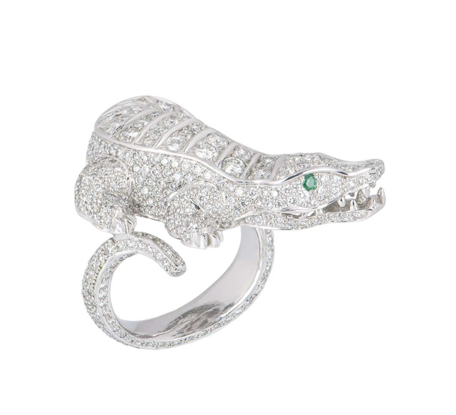 Preowned 18ct white gold diamond  emerald alligator dress ring 575ct 635EU white gold