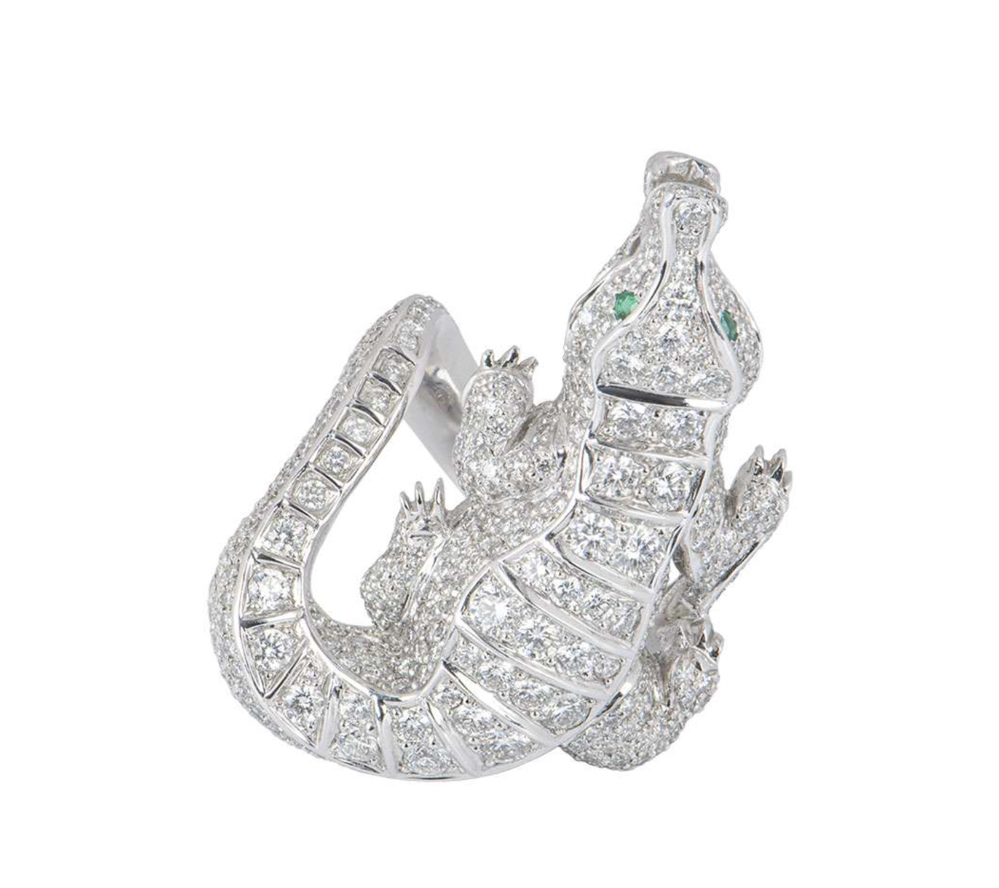 Preowned 18ct white gold diamond  emerald alligator dress ring 575ct 635EU white gold