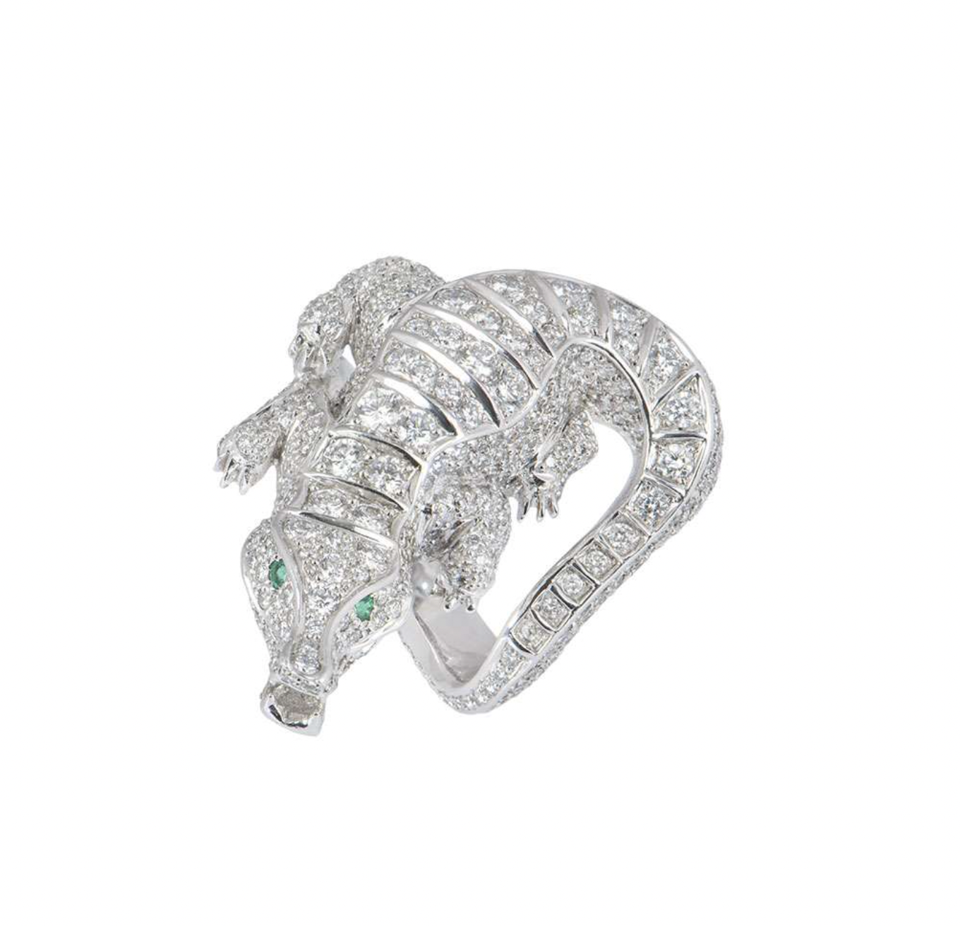 Preowned 18ct white gold diamond  emerald alligator dress ring 575ct 635EU white gold