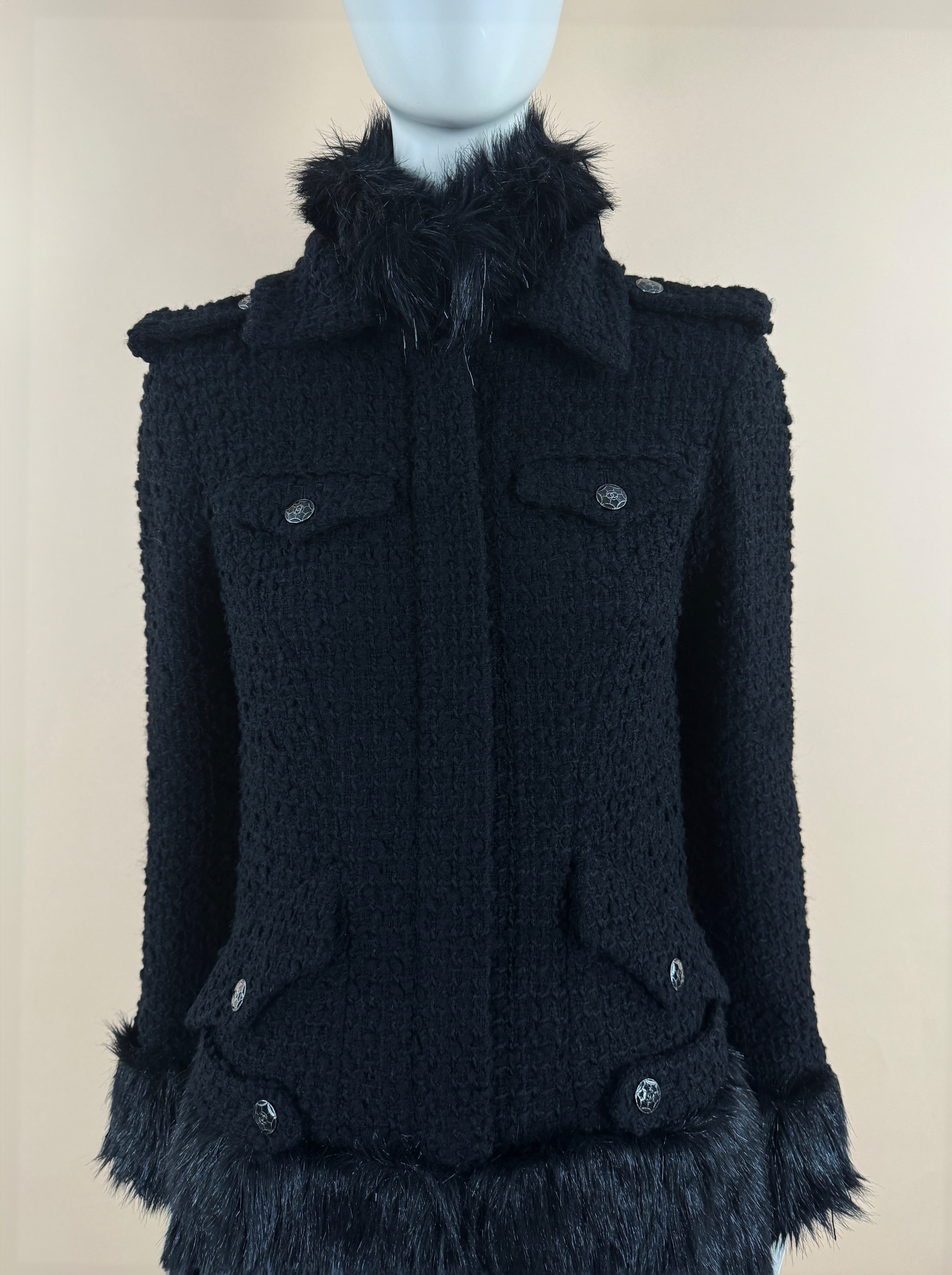 Chanel Black Fantasy Fur Trimmed Tweed Coat Size S