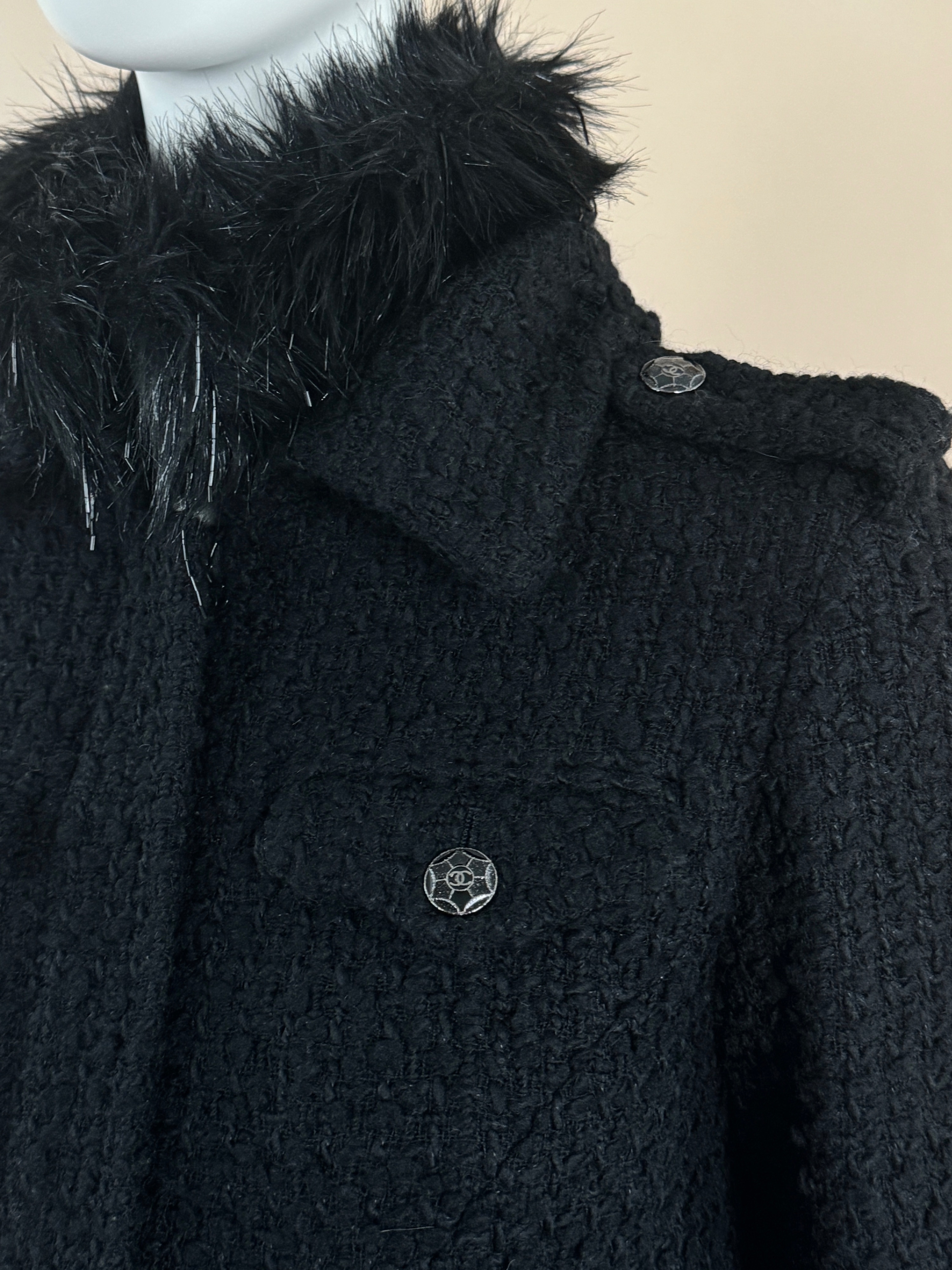 Chanel Black Fantasy Fur Trimmed Tweed Coat Size S