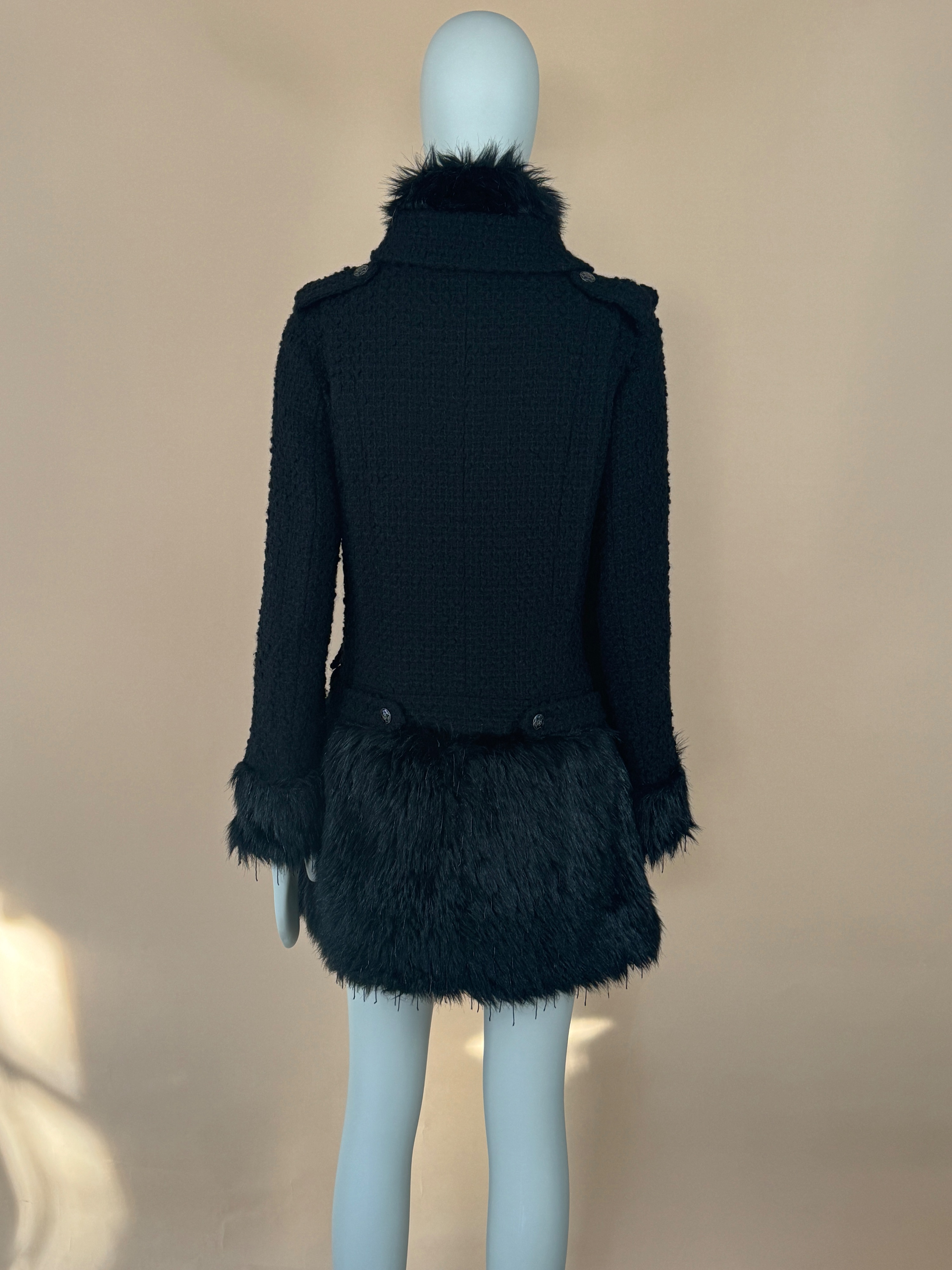 Chanel Black Fantasy Fur Trimmed Tweed Coat Size S