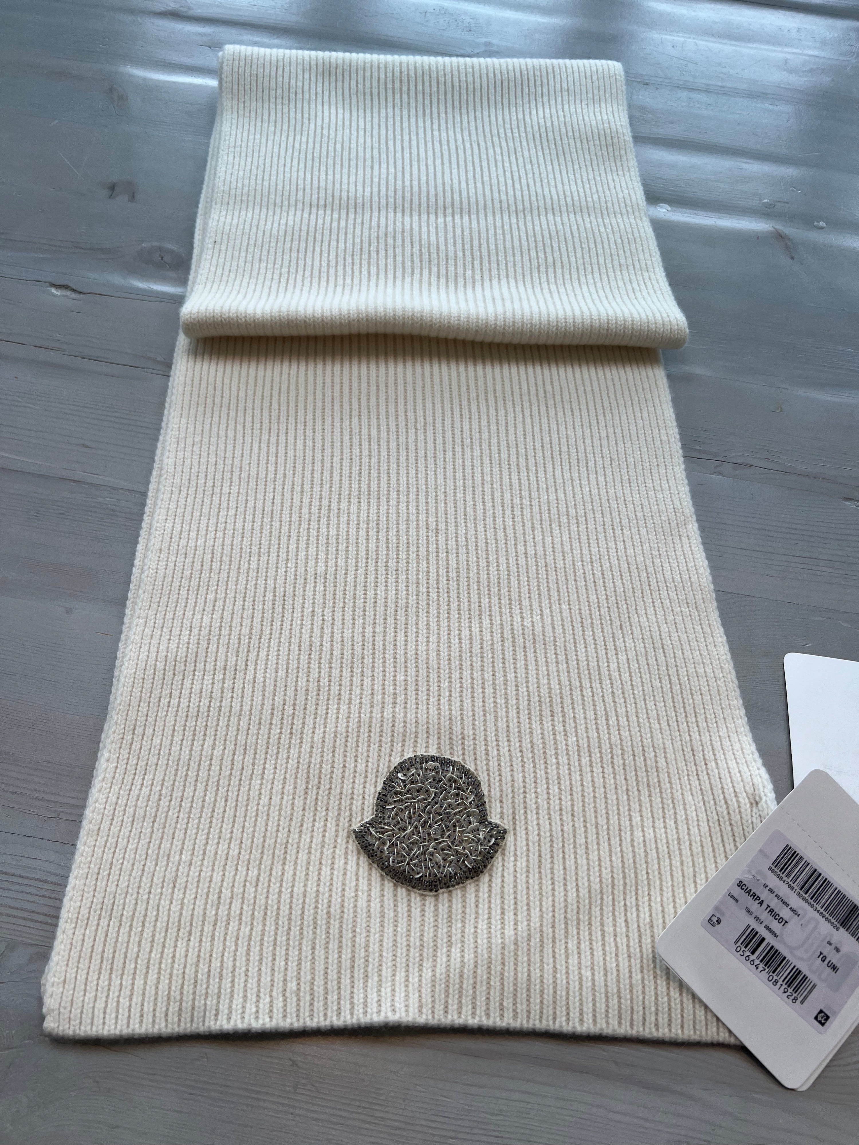 Moncler Cream Ribbed Scarf wool