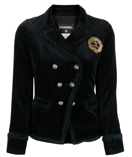 Preowned Chanel Black Velvet Double Breasted Blazer with Brooch Detail Size S