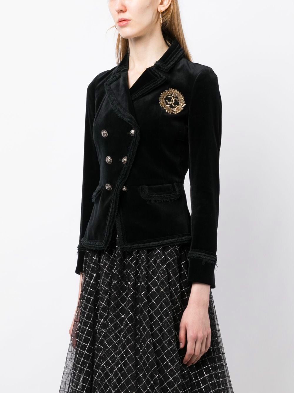 Preowned Chanel Black Velvet Double Breasted Blazer with Brooch Detail Size S