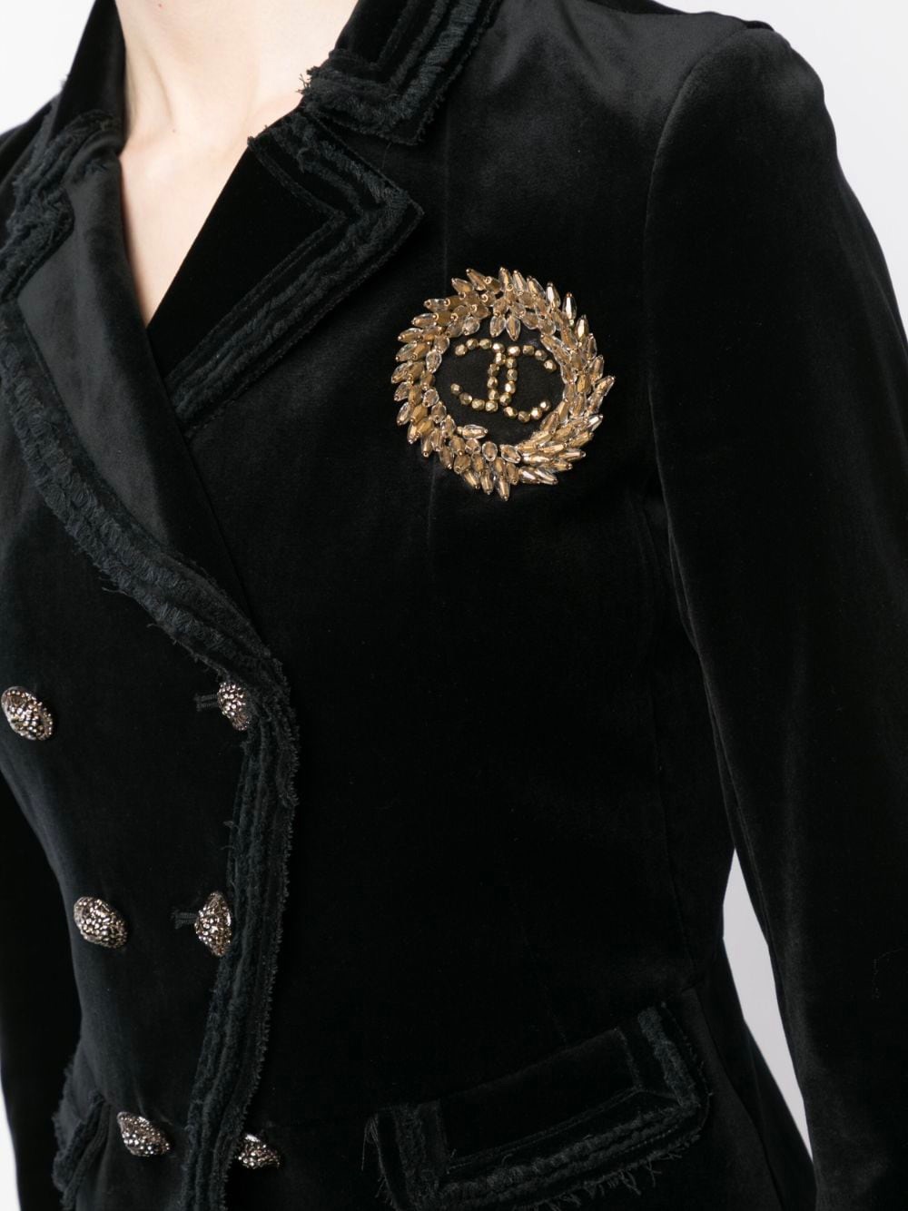 Preowned Chanel Black Velvet Double Breasted Blazer with Brooch Detail Size S