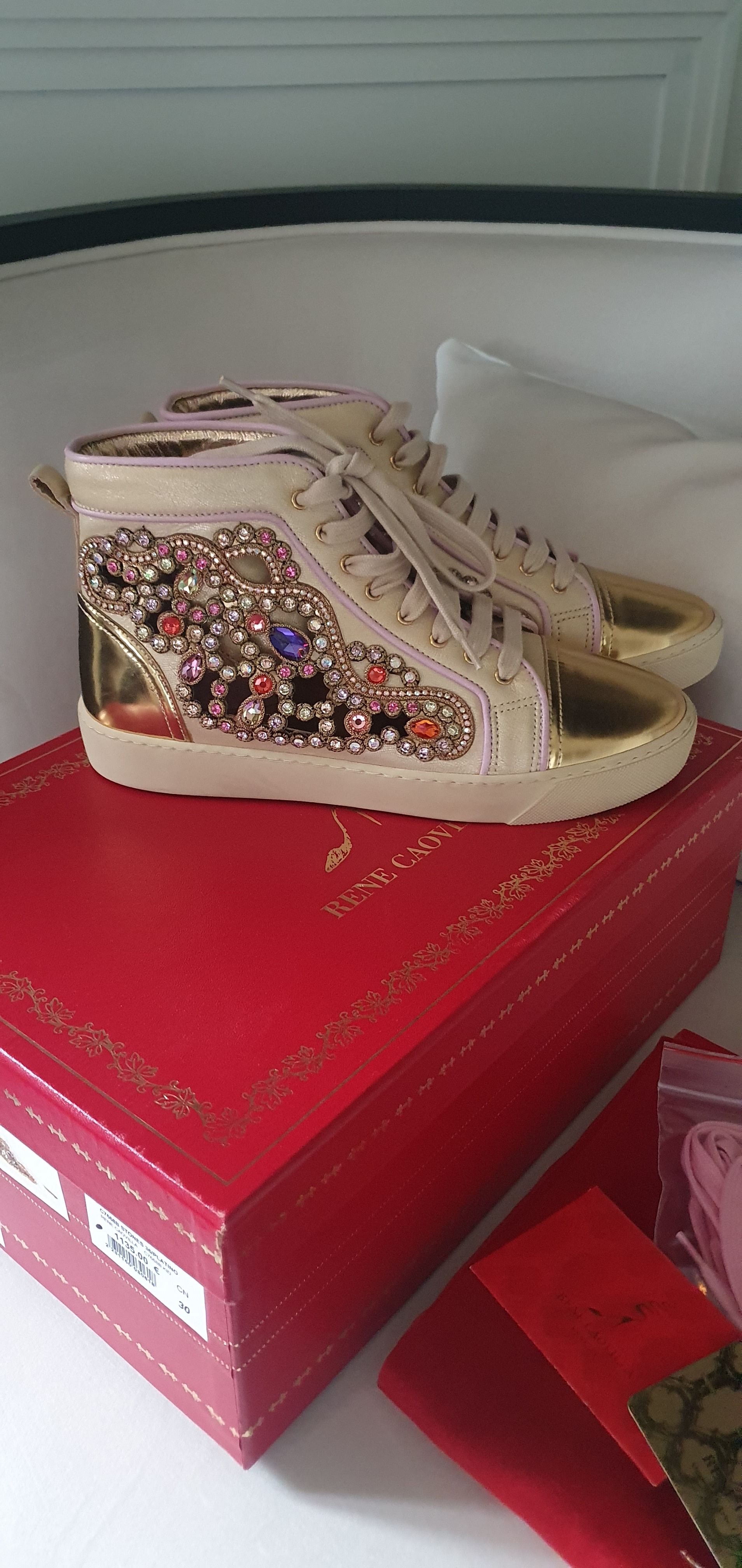 Rene Caovilla Metallic gold leather  crystal cut-out trainers Size 36