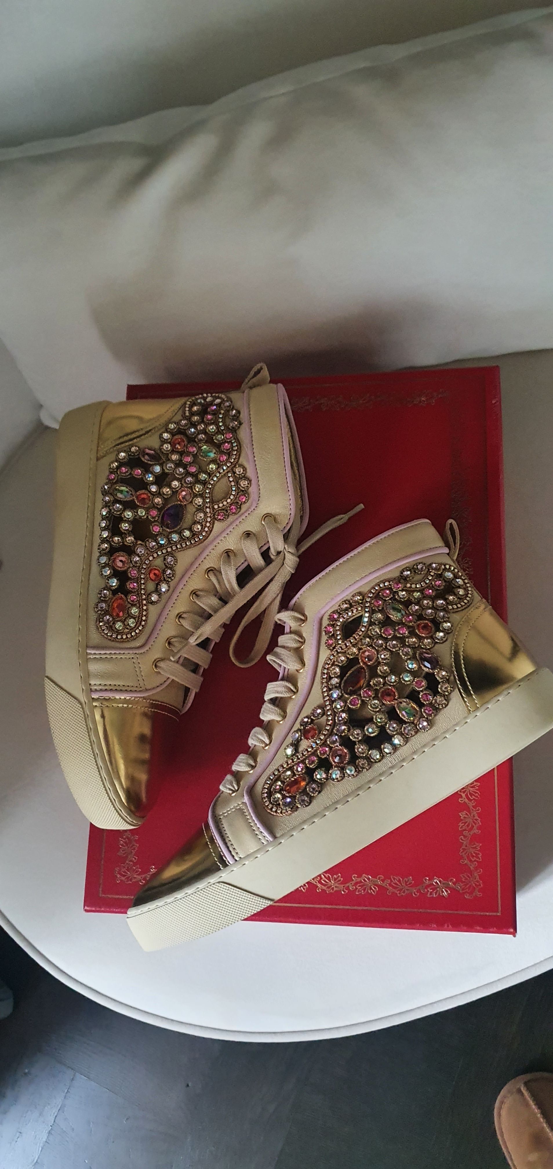 Rene Caovilla Metallic gold leather  crystal cut-out trainers Size 36