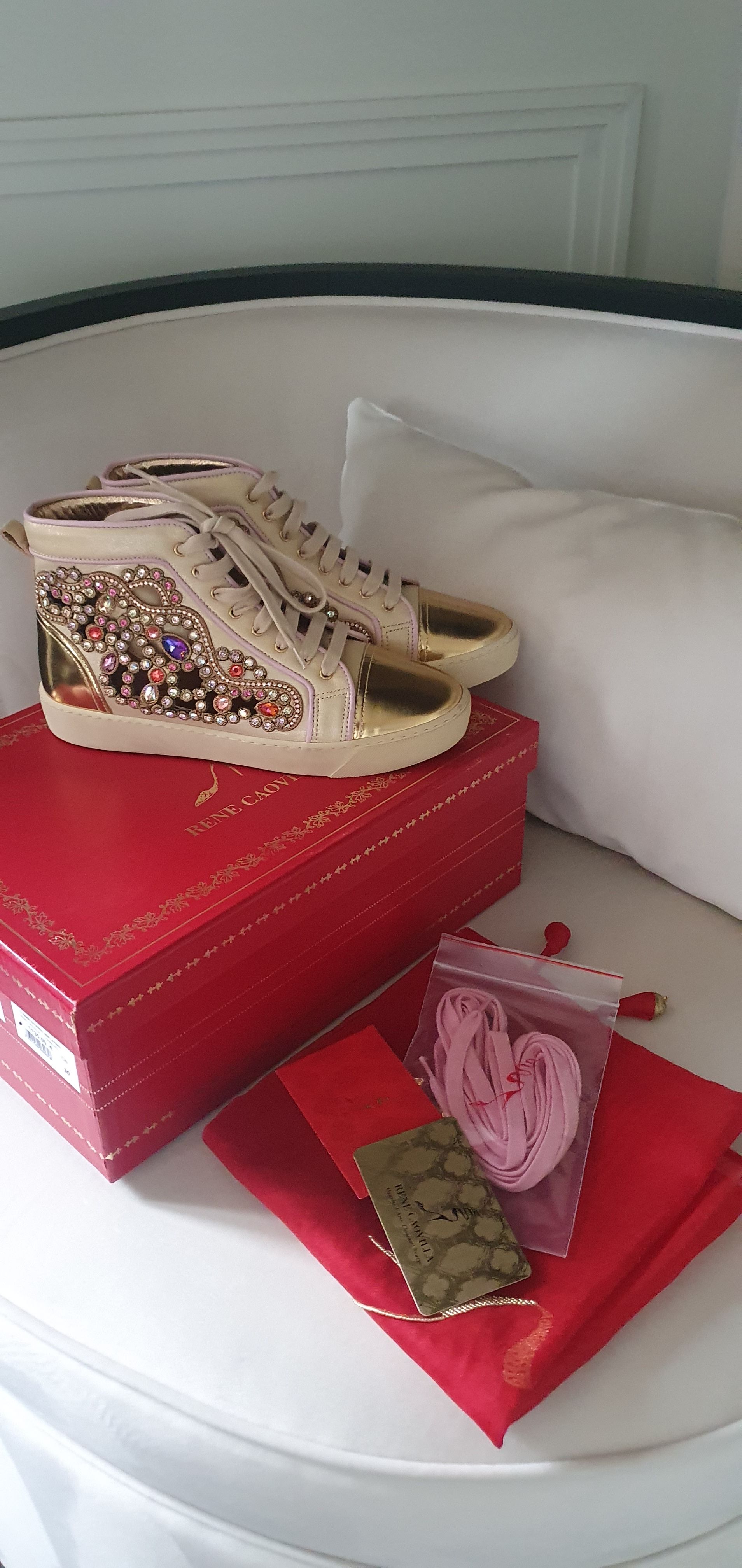 Rene Caovilla Metallic gold leather  crystal cut-out trainers Size 36