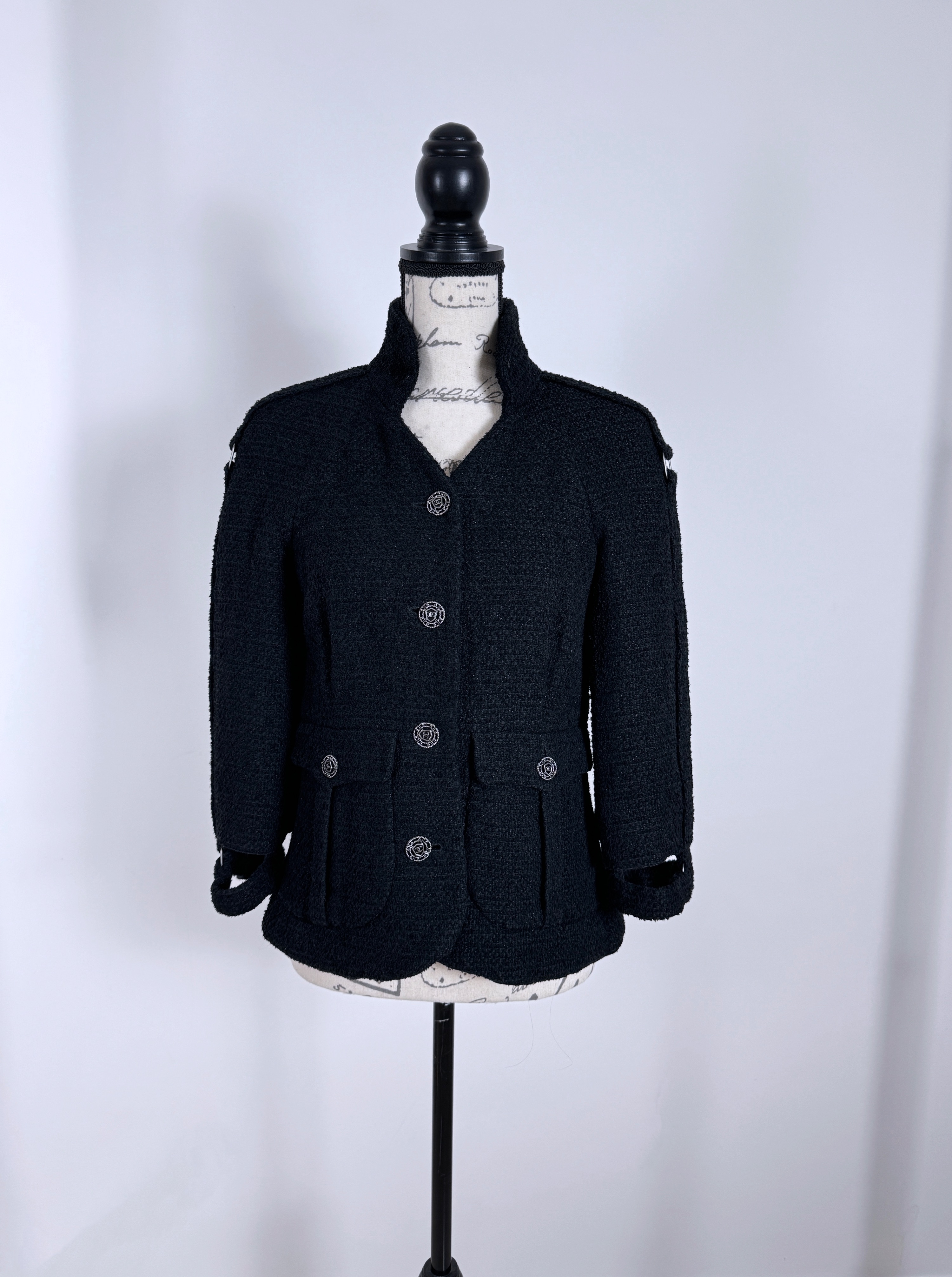 Preowned Chanel Black High Neck Tweed Jacket Size S