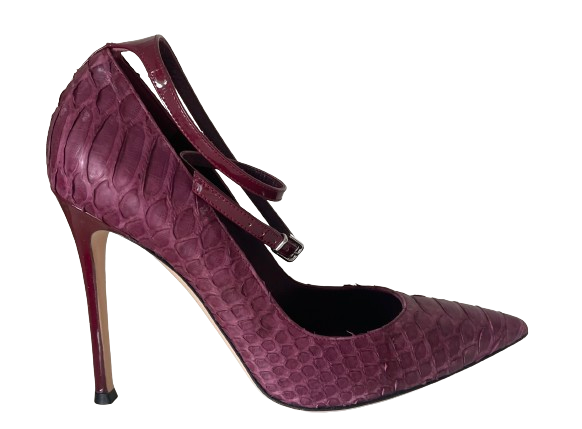 Preowned Gianvito Rossi Burgundy Python Ankle Strap Heels Size 39 burgungy leather