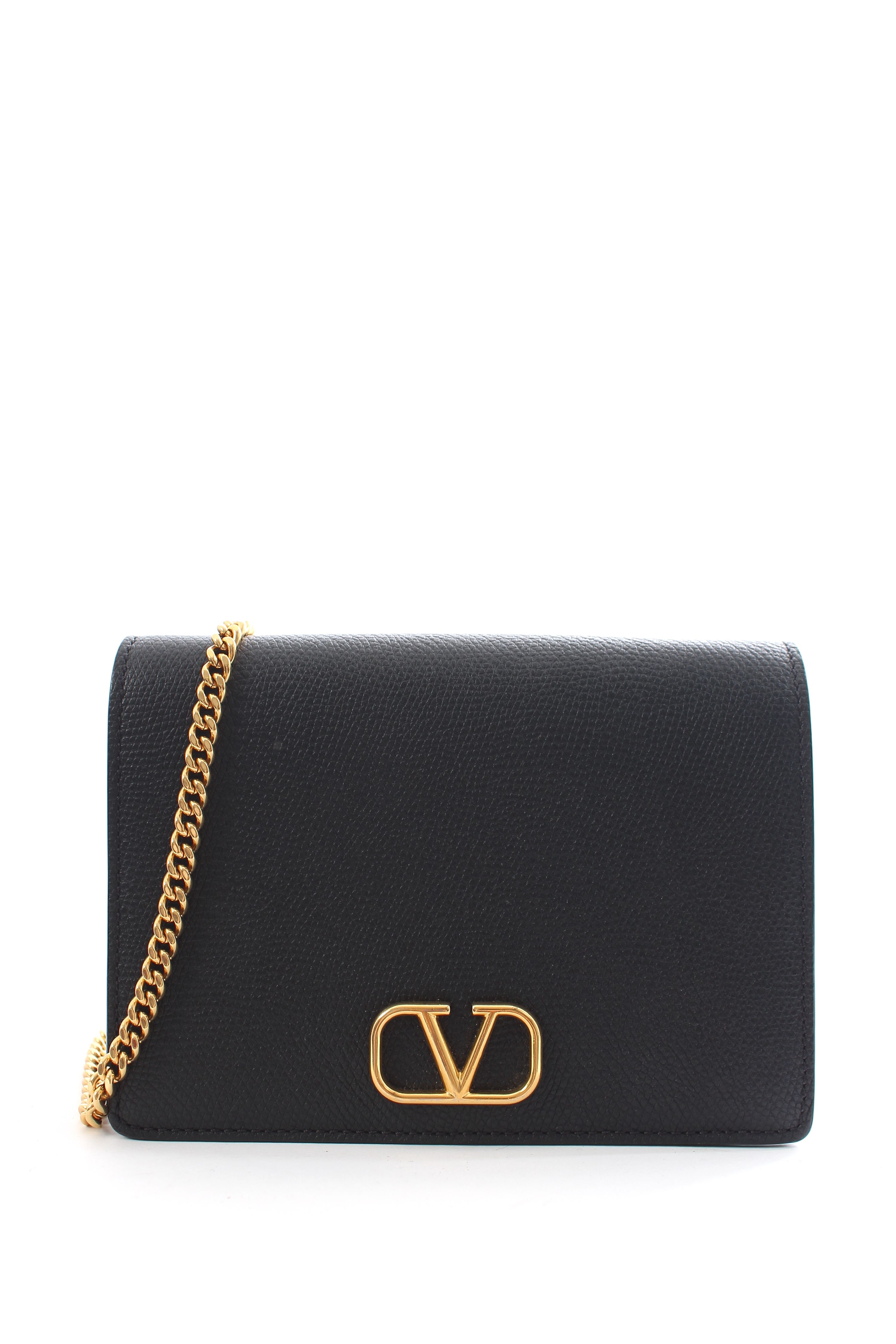 Preowned Valentino Black Grained Leather Wallet on Chain