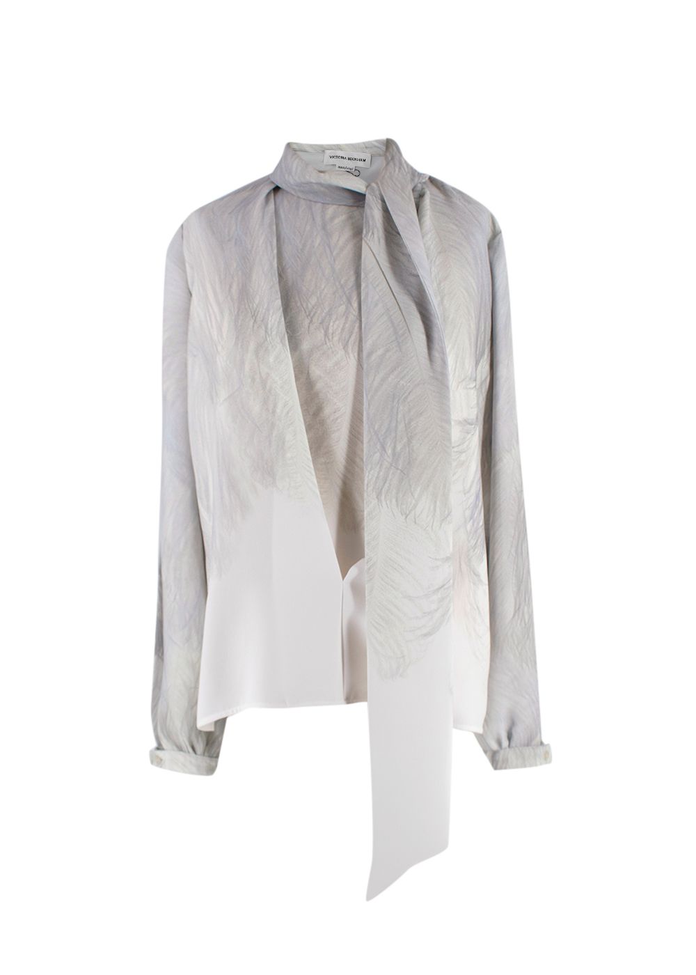 Victoria Beckham Digital Feather Print Scarf Neck Blouse Size S Natural White polyester