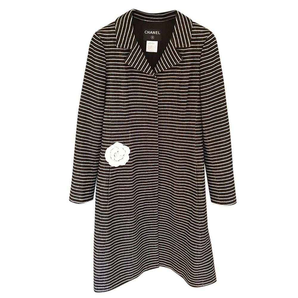 Preowned Chanel Black  White Striped Tweed Coat Size XS cotton