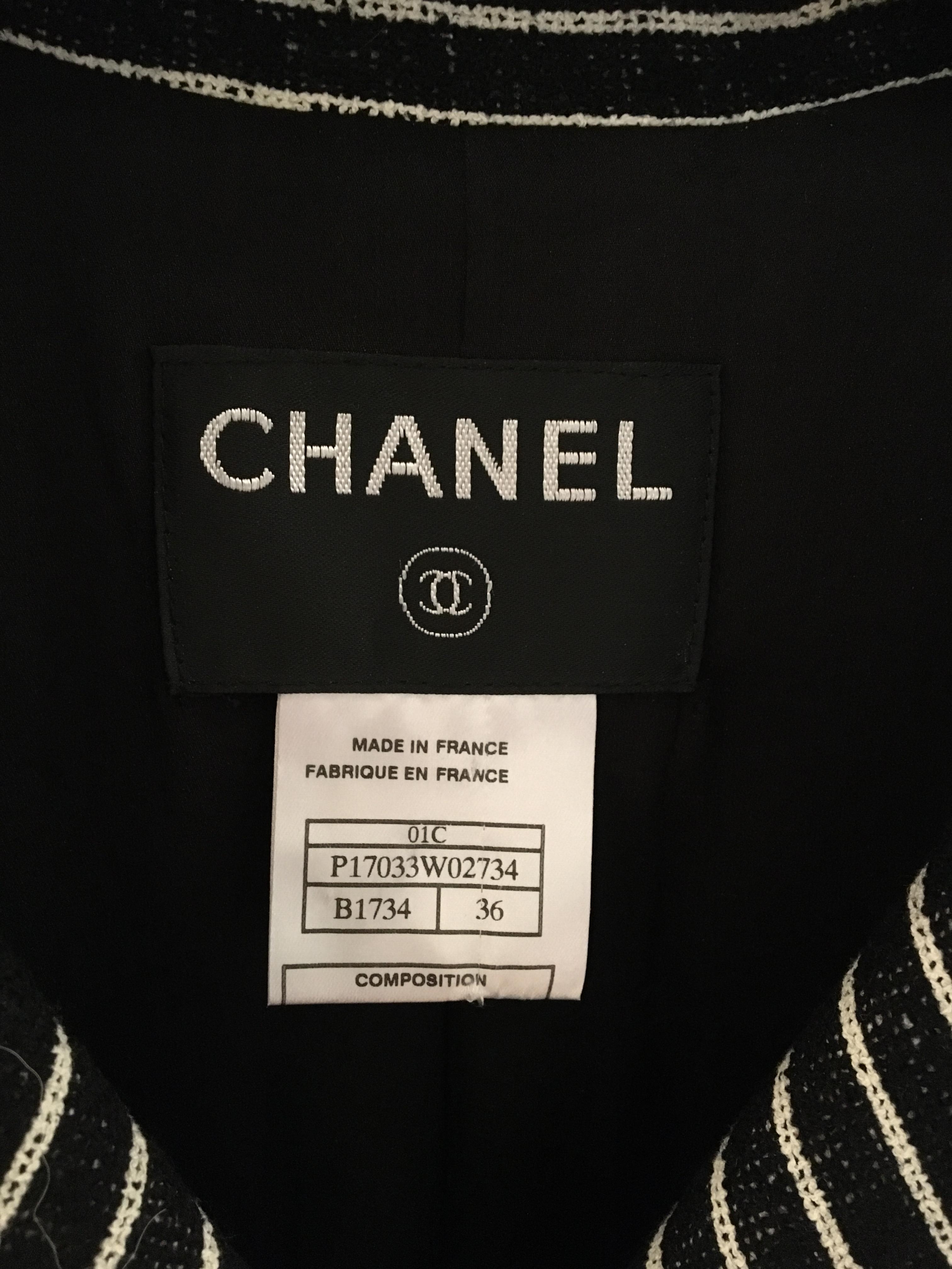 Preowned Chanel Black  White Striped Tweed Coat Size XS cotton