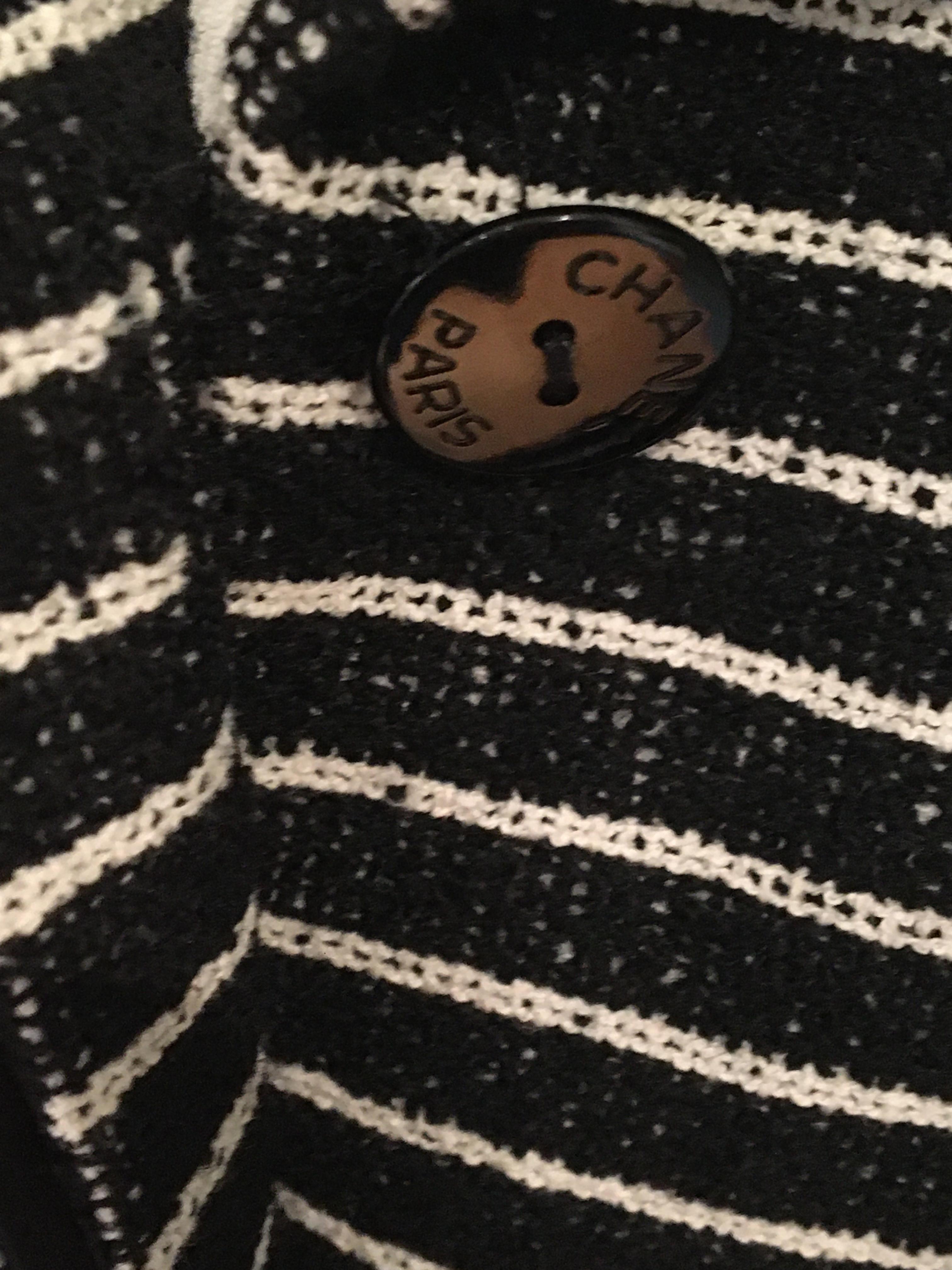 Preowned Chanel Black  White Striped Tweed Coat Size XS cotton