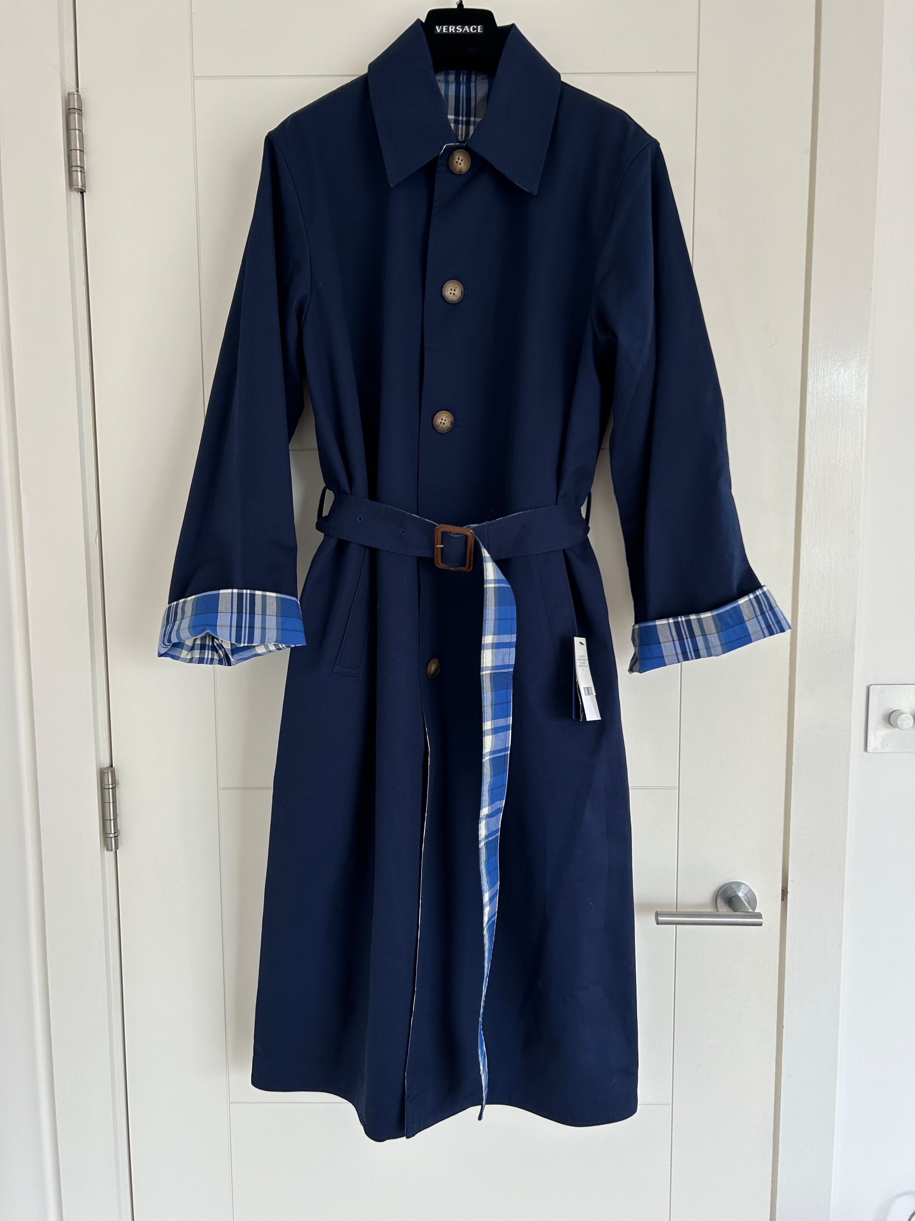 Polo Ralph Lauren Navy Long Car Reversible Trench Coat Size M Blue cotton