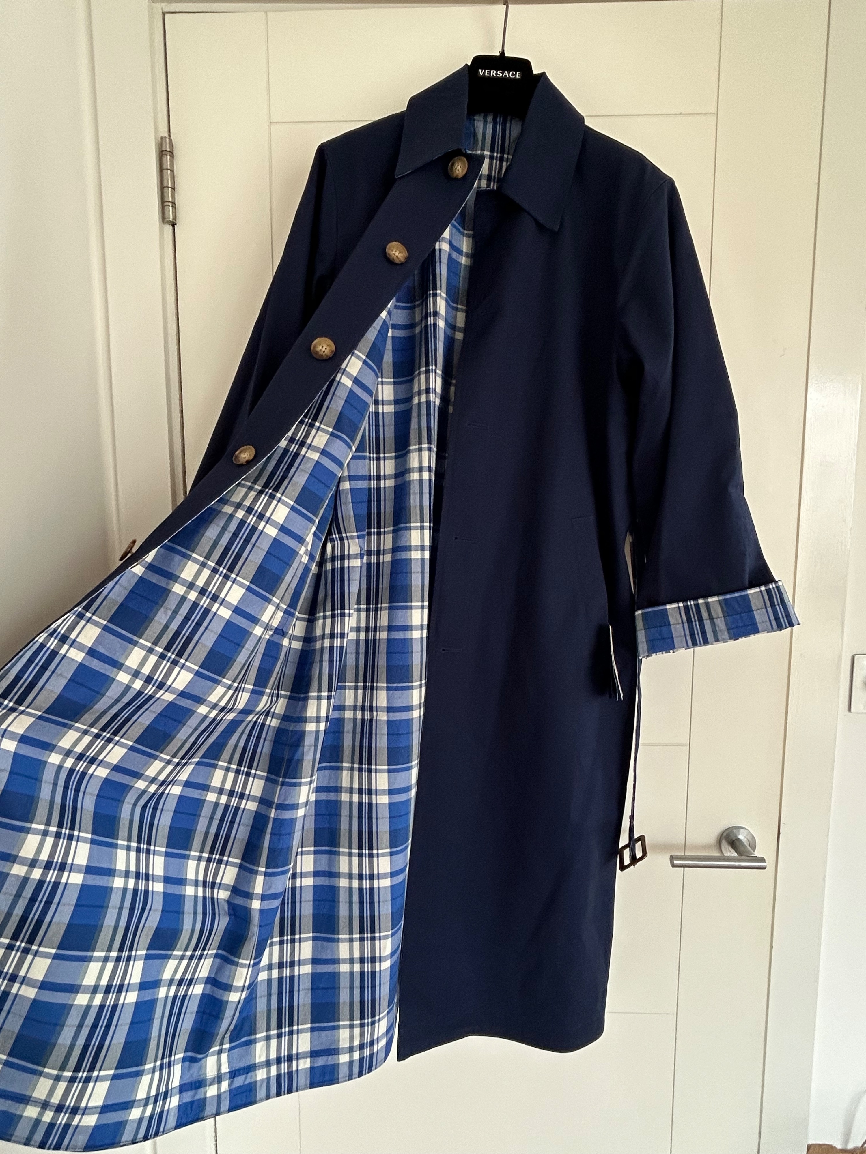 Polo Ralph Lauren Navy Long Car Reversible Trench Coat Size M Blue cotton