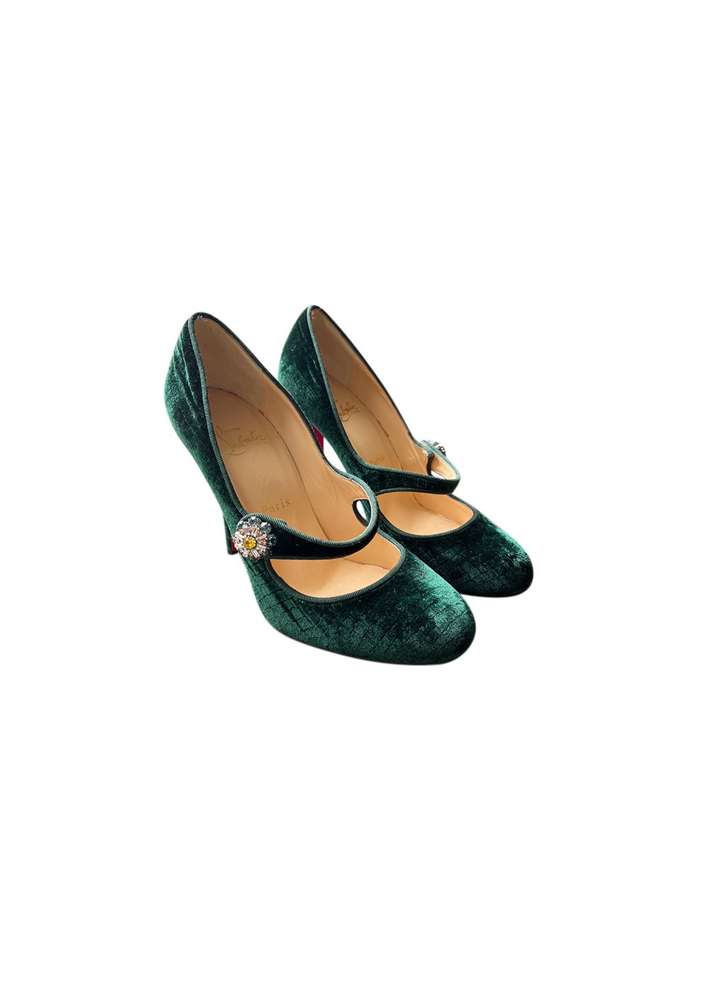 Preowned Christian Louboutin emerald-green velvet  snakeskin Mary Jane heeled pumps Size 39 Dark green