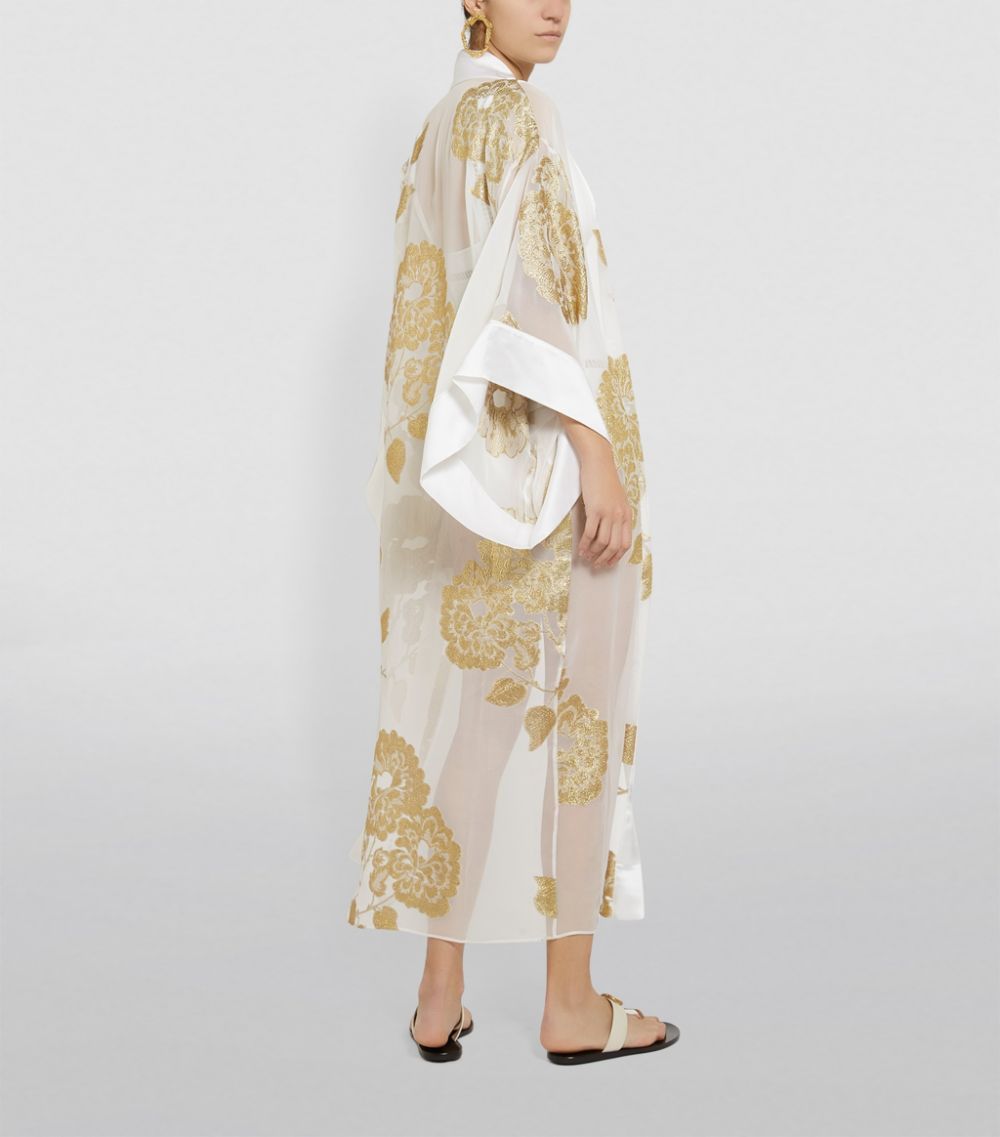 Marie France Van Damme White Metallic Oriental Flower Kimono White/Gold silk