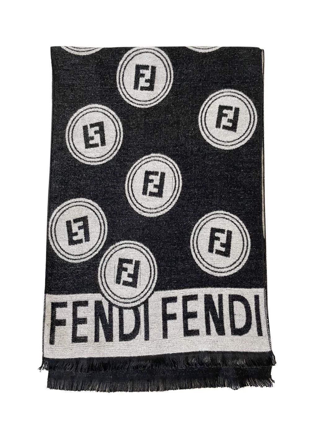 Fendi Black and White Logo Cashmere Scarf Size L Black/grey