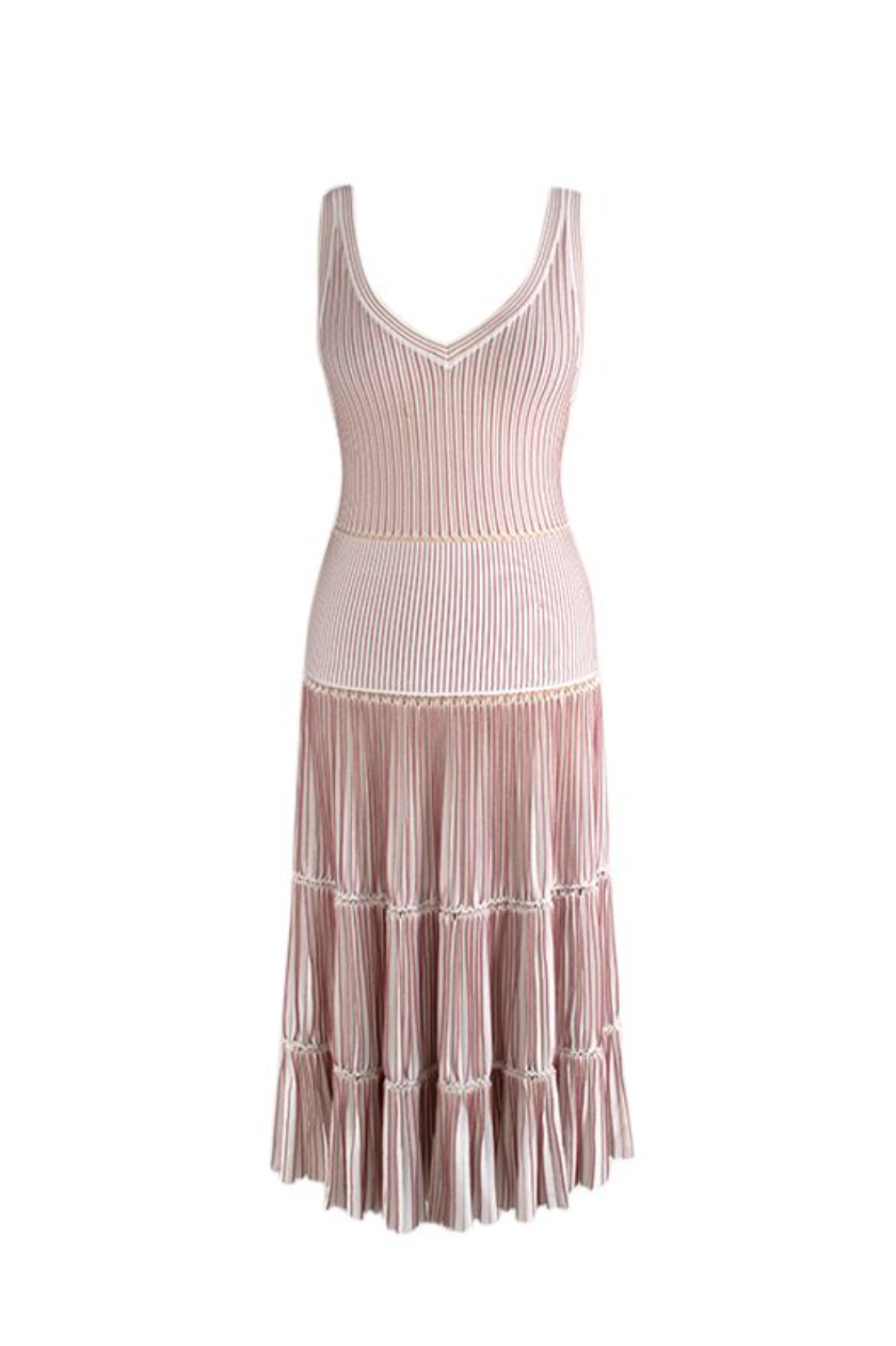 Preowned Alaia Pink and White Stretch Knit Skater Dress Size M viscose