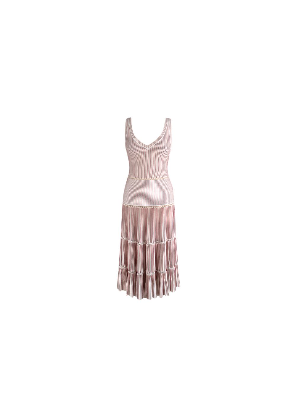 Preowned Alaia Pink and White Stretch Knit Skater Dress Size M viscose