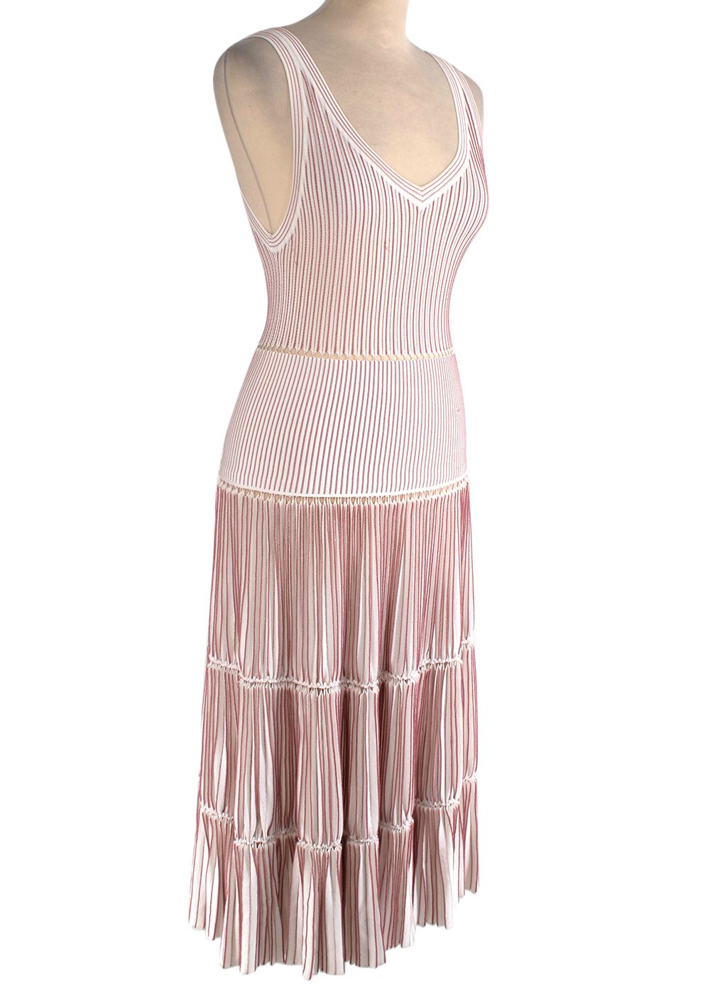 Preowned Alaia Pink and White Stretch Knit Skater Dress Size M viscose