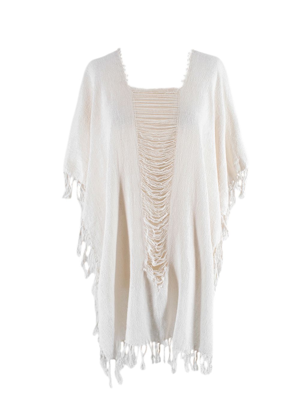 Preowned Caravana Cream Fringed Distressed Poncho Cape Size L cotton