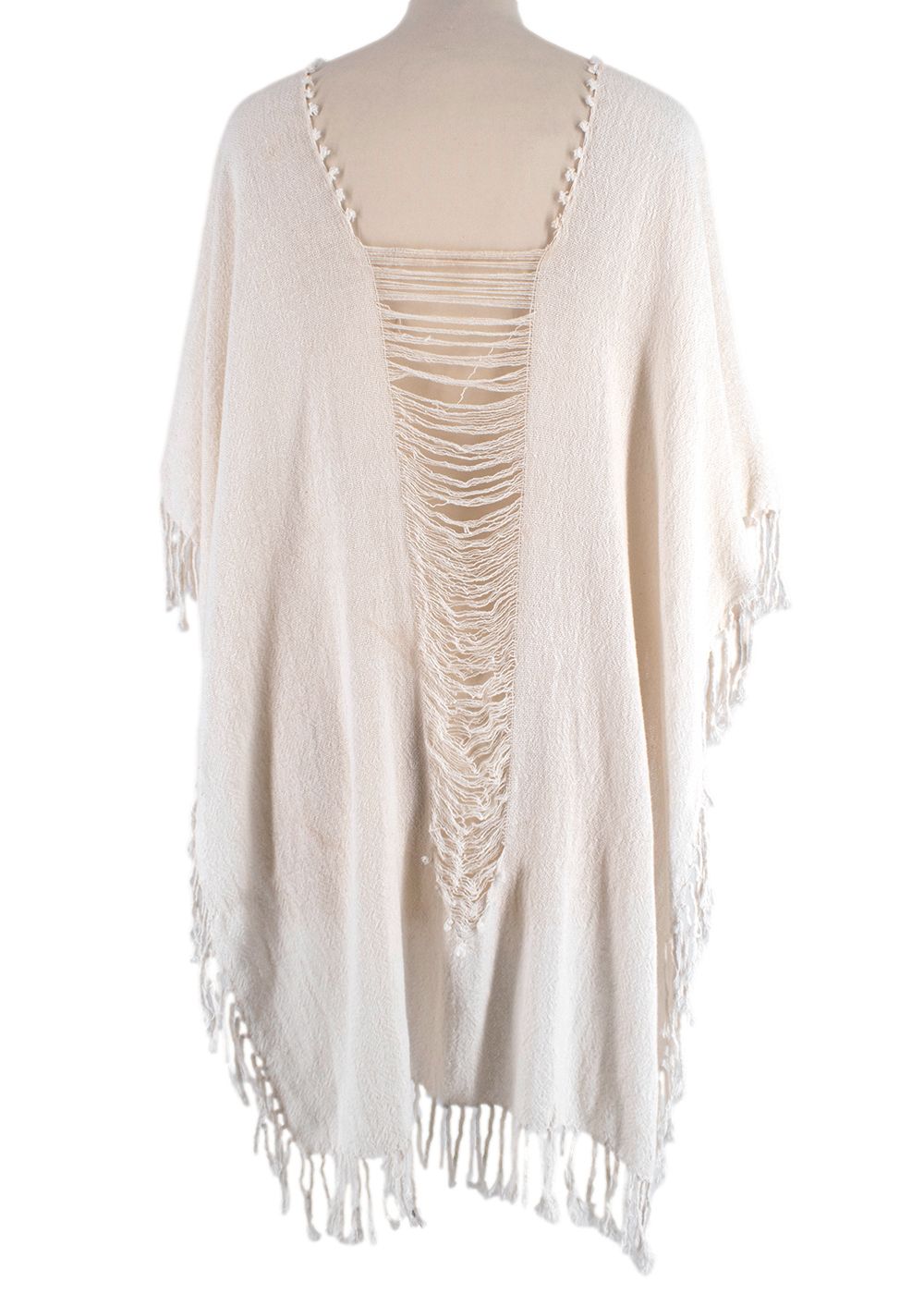 Preowned Caravana Cream Fringed Distressed Poncho Cape Size L cotton