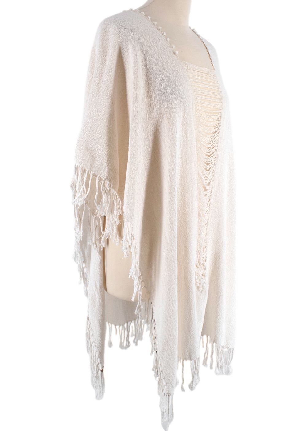 Preowned Caravana Cream Fringed Distressed Poncho Cape Size L cotton