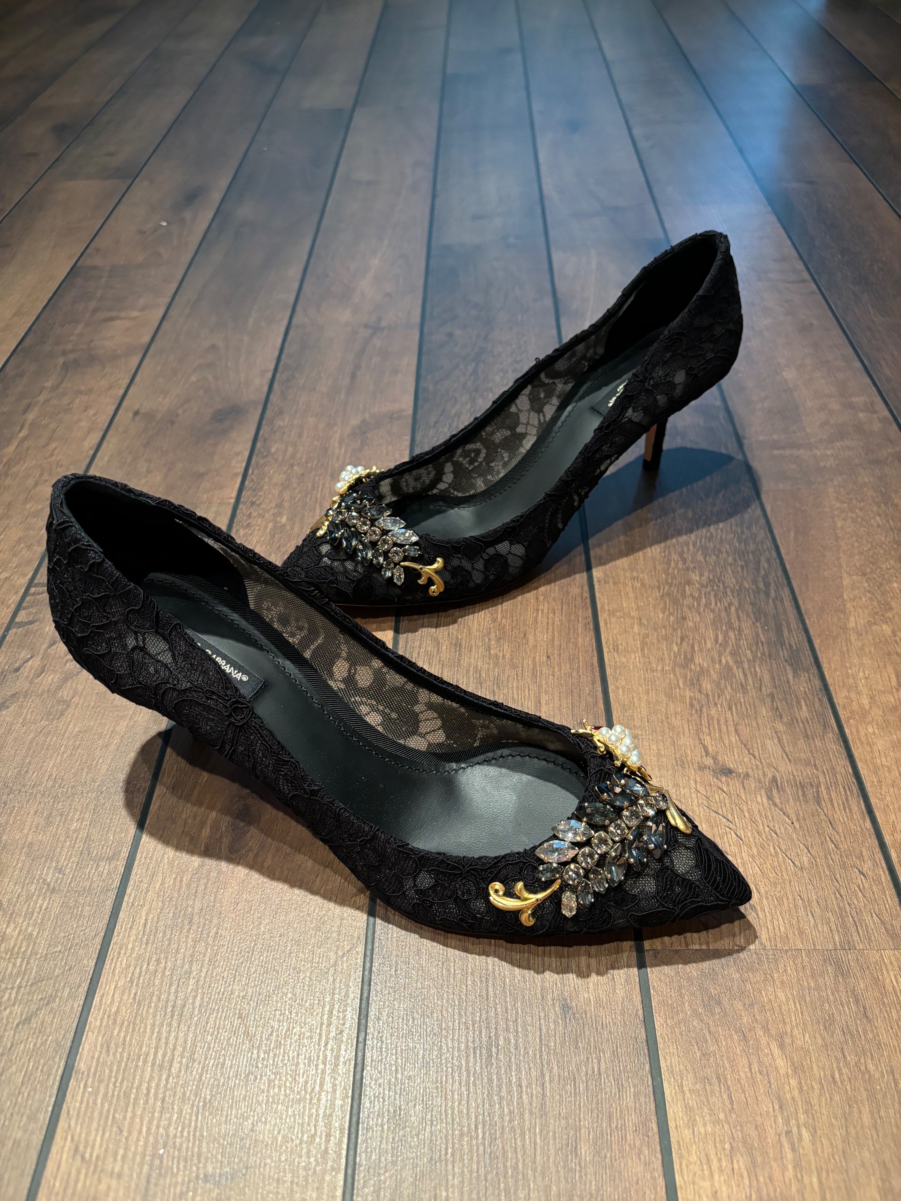 Dolce  Gabbana Black Lace Crystal Embellished Heels Size 41 cloth