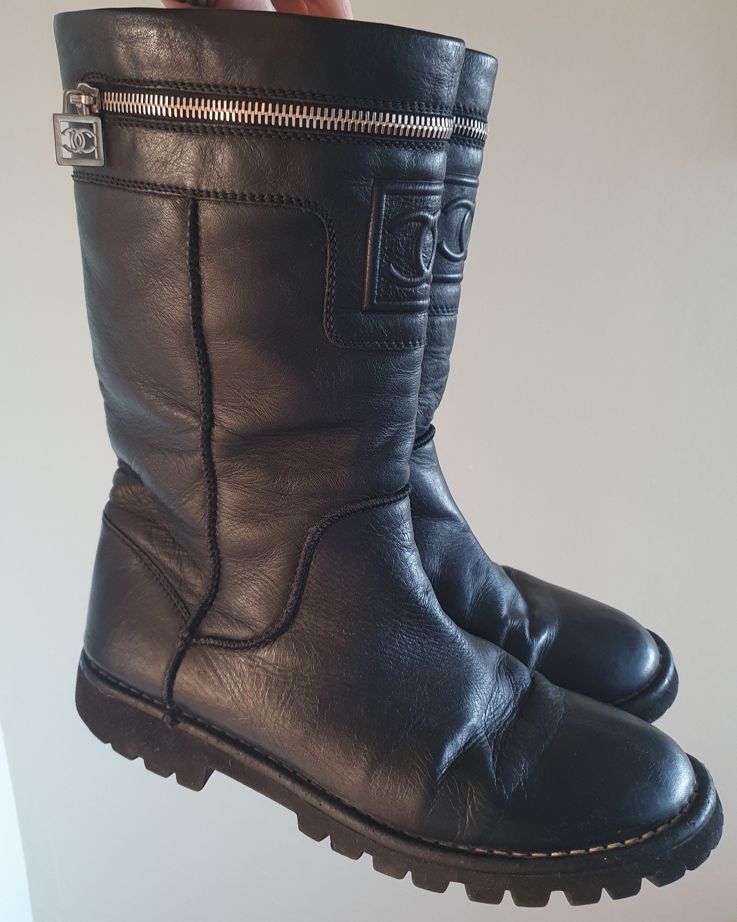 Preowned Chanel Black Leather Biker Boots Size 38