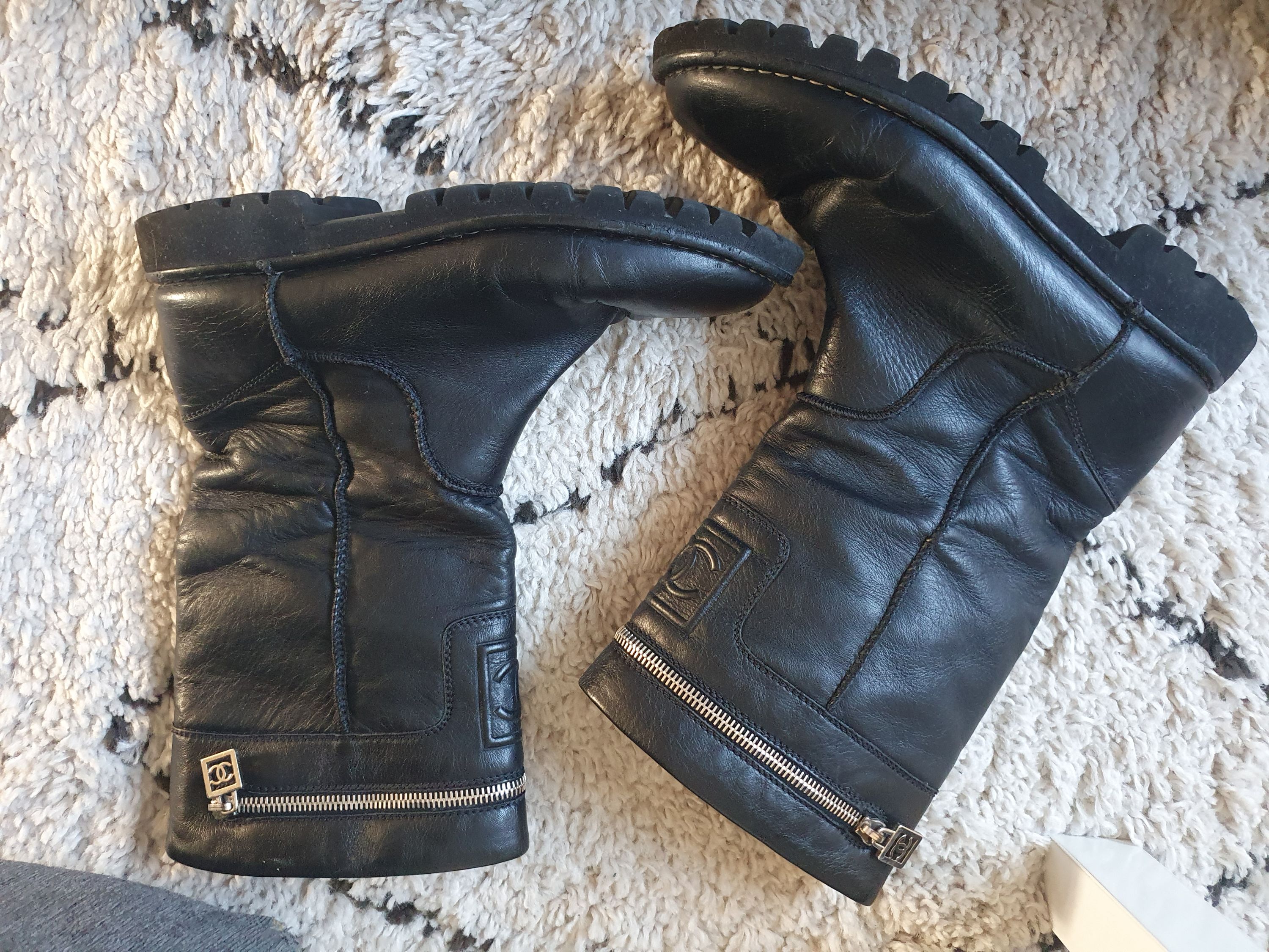 Preowned Chanel Black Leather Biker Boots Size 38