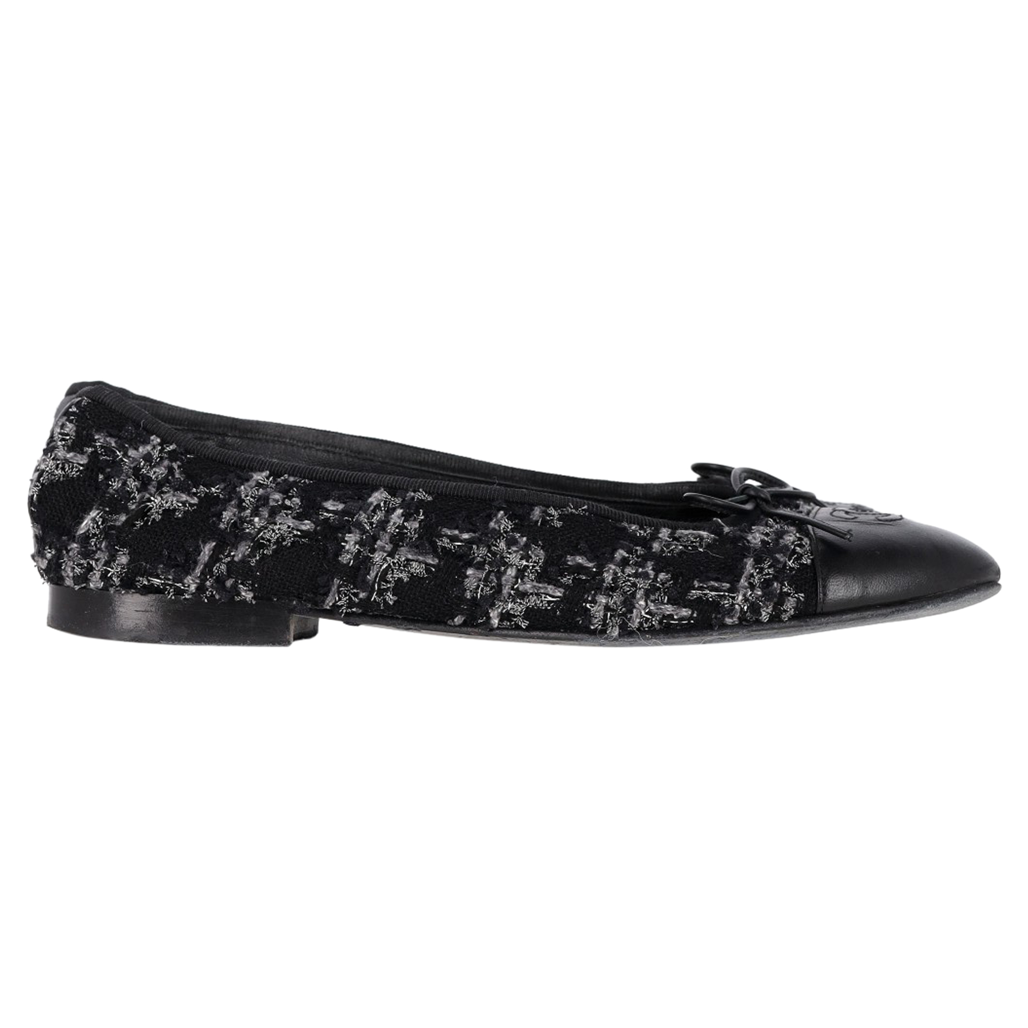 Preowned Chanel Black Tweed Ballet Flats Size 395 cotton/cotton tweed