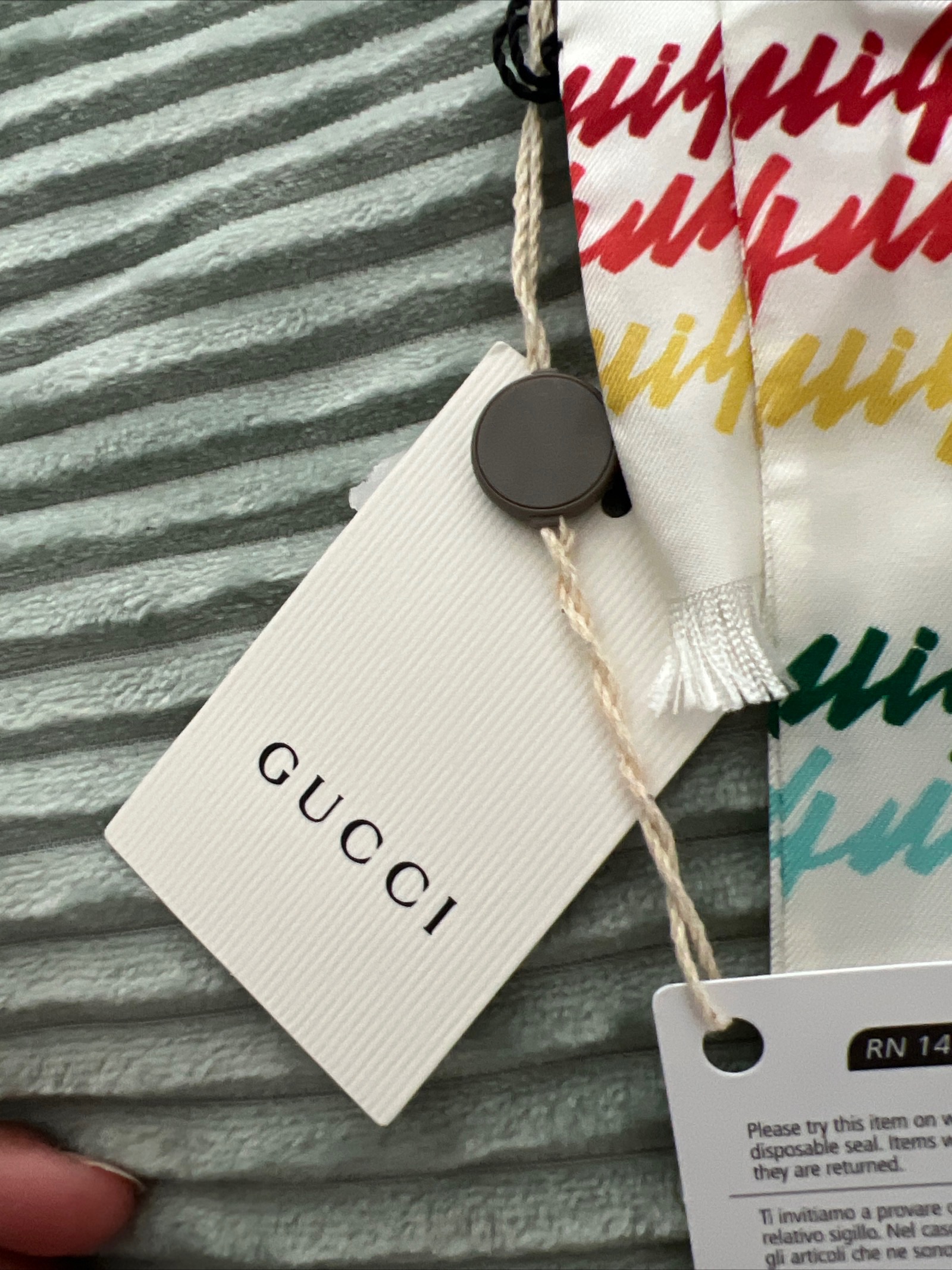 Gucci Rainbow Script Logo Printed Silk Scarf White with multicoloured logo