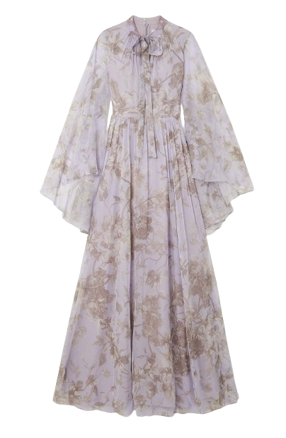 Erdem Lilac Floral Silk Chiara Tie Detail Cape Gown Size L